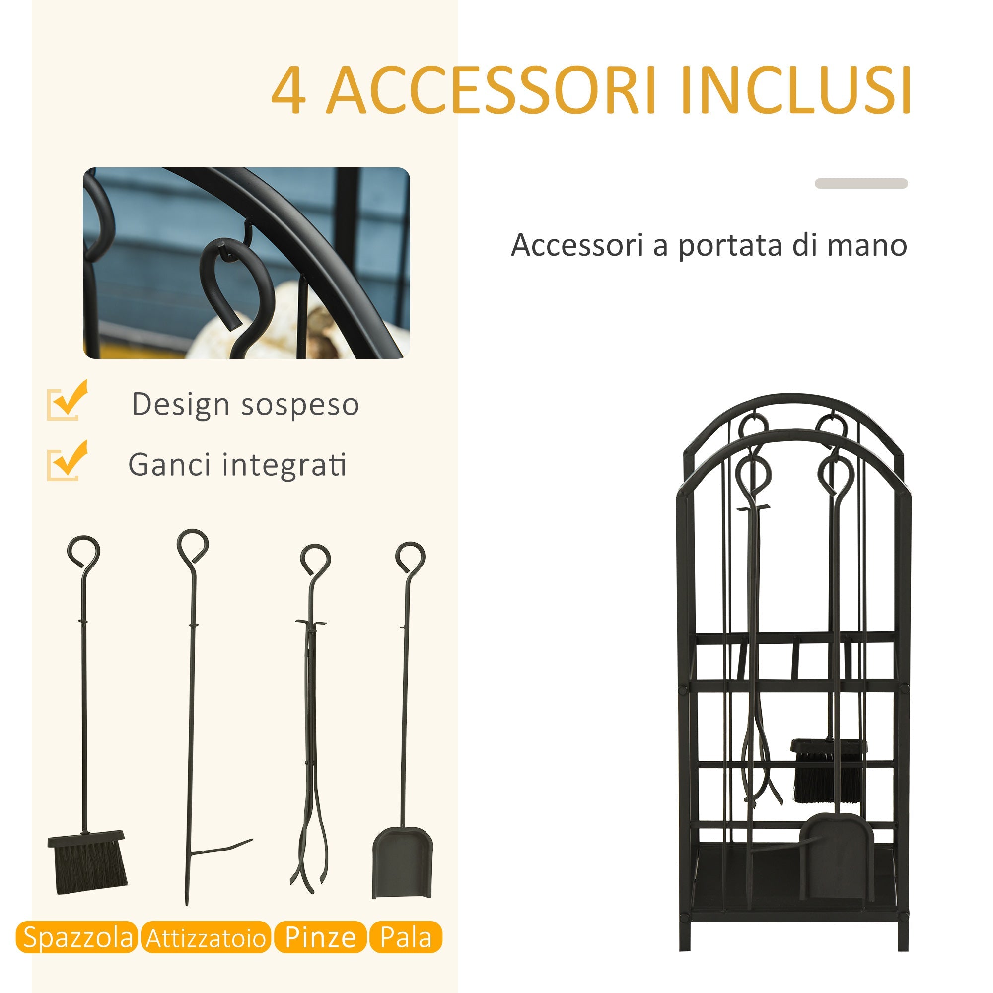 EasyComfort Portalegna a 2 Ripiani in Metallo with Paletta, Scopa, Attizzatoio e Pinza, 41.5x32.5x74.5 cm, black