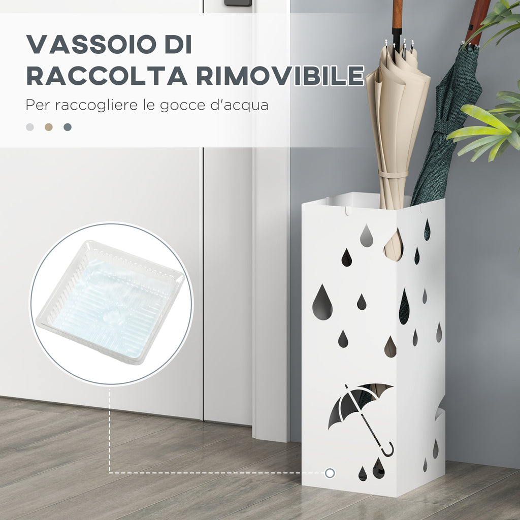EasyComfort Portaombrelli in Metallo with 4 Ganci e Vaschetta Raccogligocce, 15.5x15.5x41cm, white