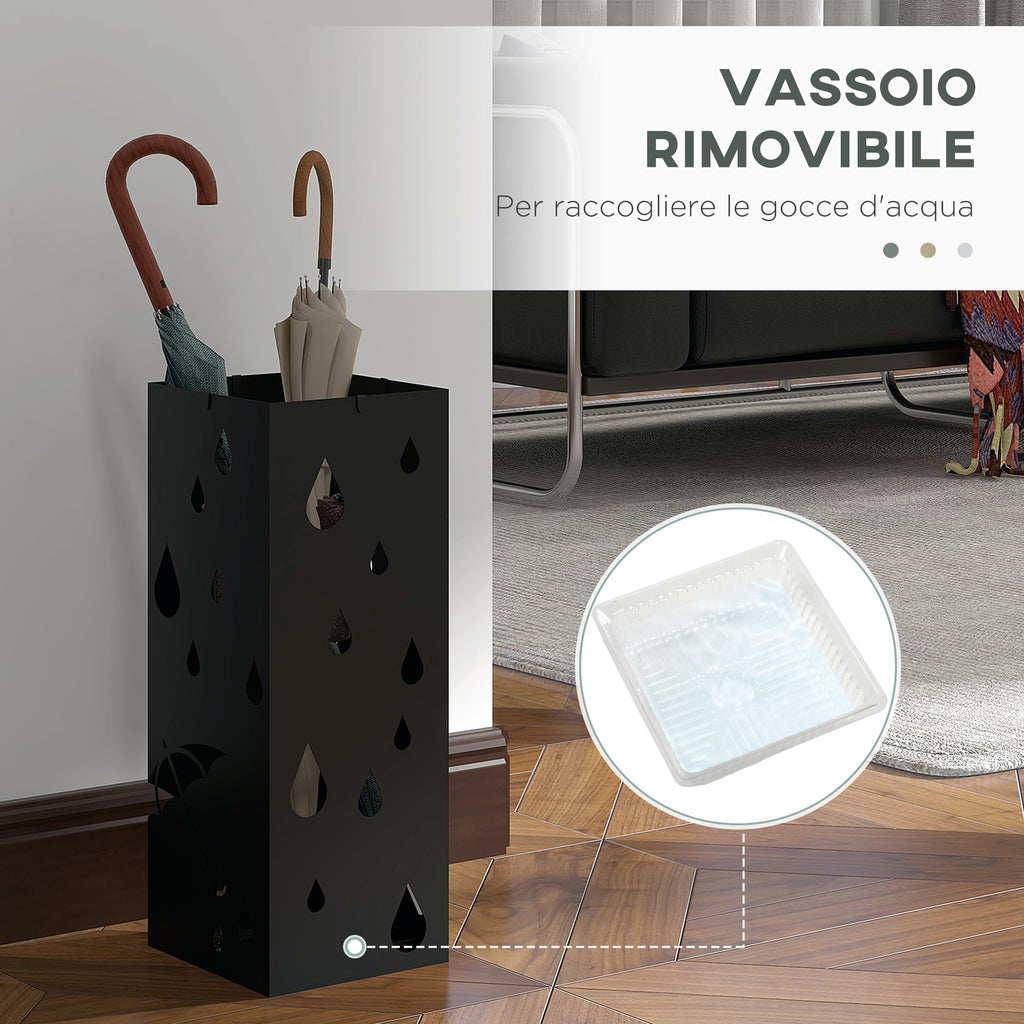 EasyComfort Portaombrelli in Metallo with 4 Ganci e Vaschetta Raccogligocce, 15.5x15.5x41cm, black