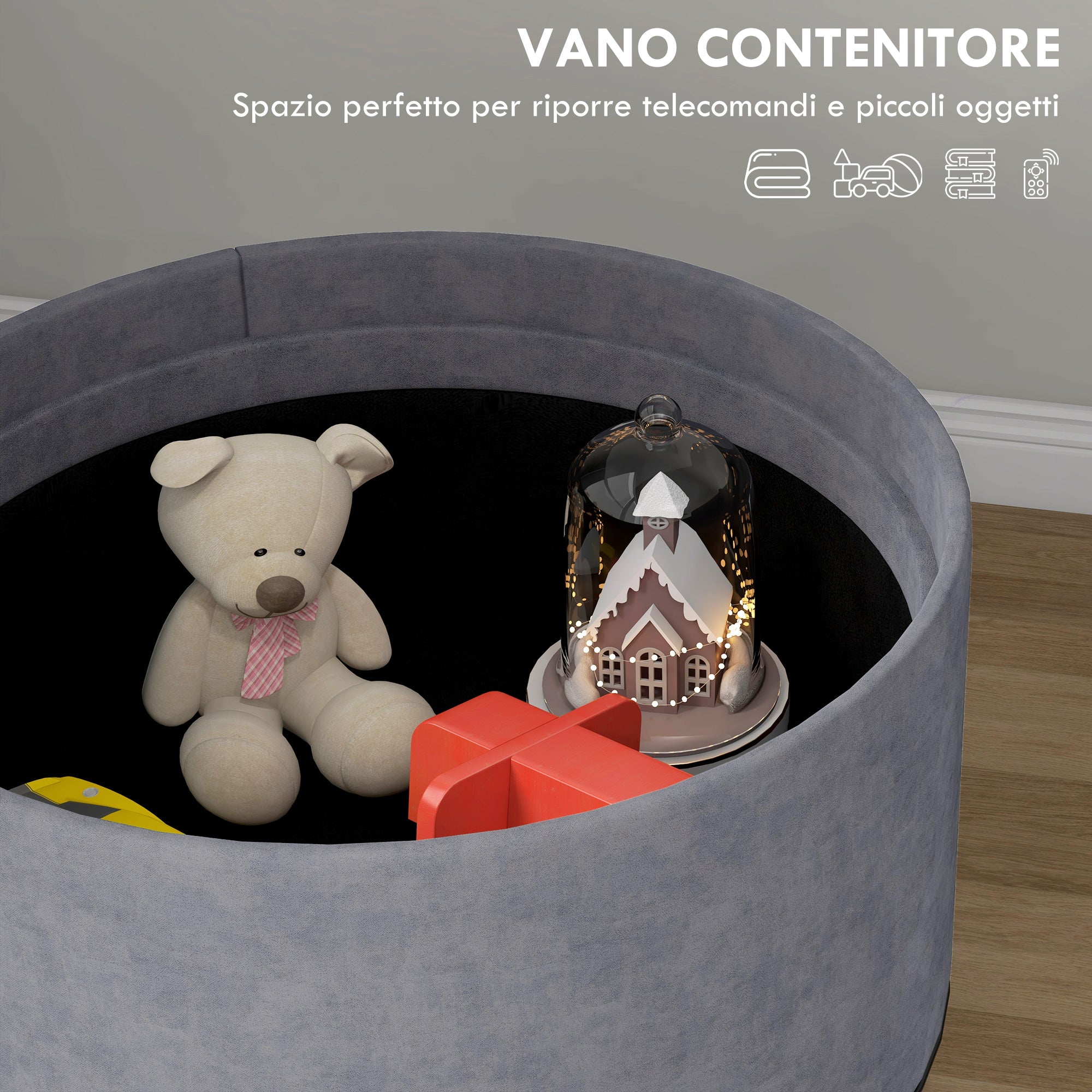 EasyComfort Pouf Contenitore Vellutato da 120 kg max with Vassoio a Ribalta, in MDF e Rovere, 56x56x42 cm, Grigio