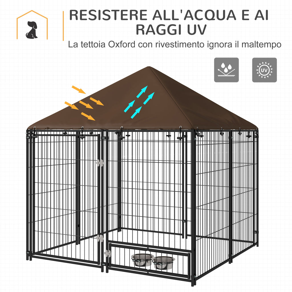 EasyComfort Recinto per Cani in Metallo e Tessuto Oxford con Porticina per Ciotole, 141x141x151 cm, Nero e Marrone