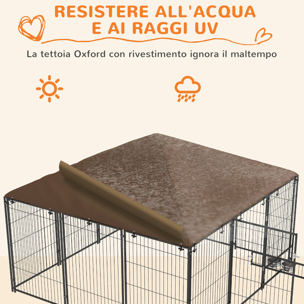 EasyComfort Recinto per Cani in Metallo e Tessuto Oxford con Porticina per Ciotole, 211x211x151 cm, Nero e Marrone
