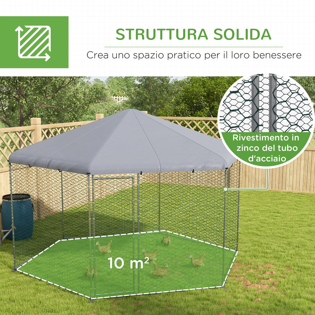EasyComfort Recinto per Galline con Tetto e Porta Bloccabile in Acciaio per 10-15 Animali, 4x3.5x2.6m
