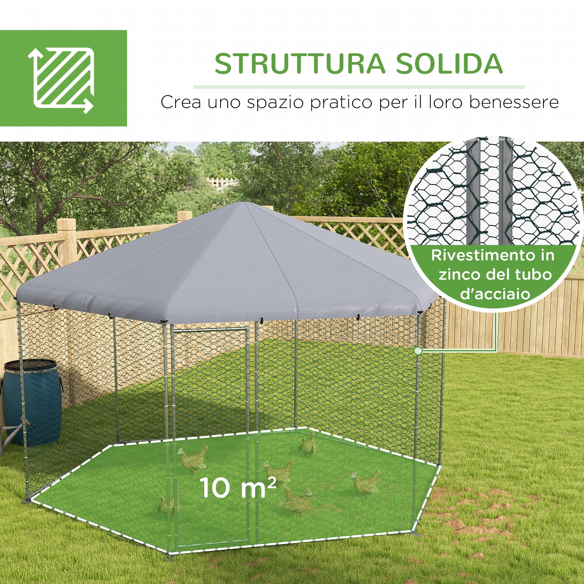 EasyComfort Recinto per Galline con Tetto e Porta Bloccabile in Acciaio per 10-15 Animali, 4x3.5x2.6m