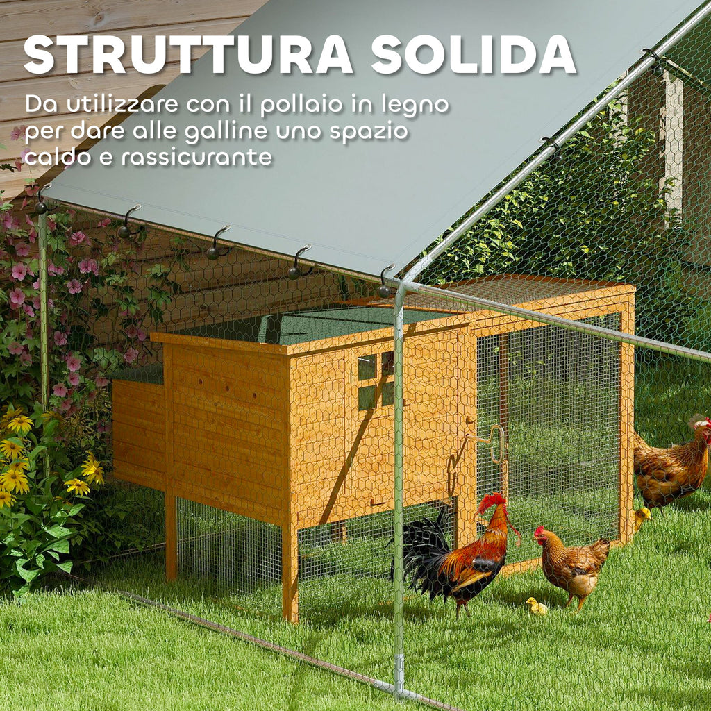 EasyComfort Recinto per Galline da 10.2m² per 10-15 Galline con Tetto Impermeabile, in Acciaio e Tessuto, 3x3.4x1.9 m, Argento