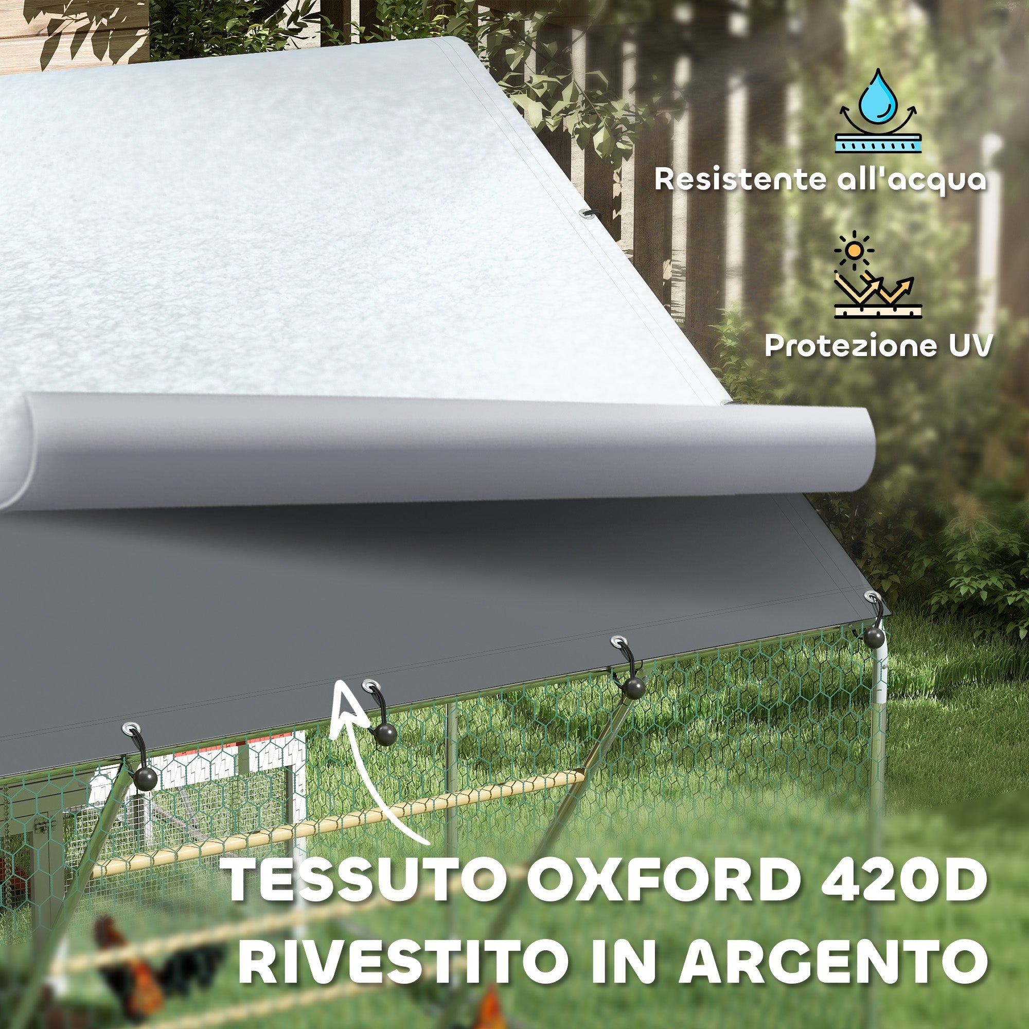 EasyComfort Recinto per Galline da 6m² per 6-8 Animali con Tetto Impermeabile, Mangiatoia e Posatoio, 3x2x1.9m, Argento