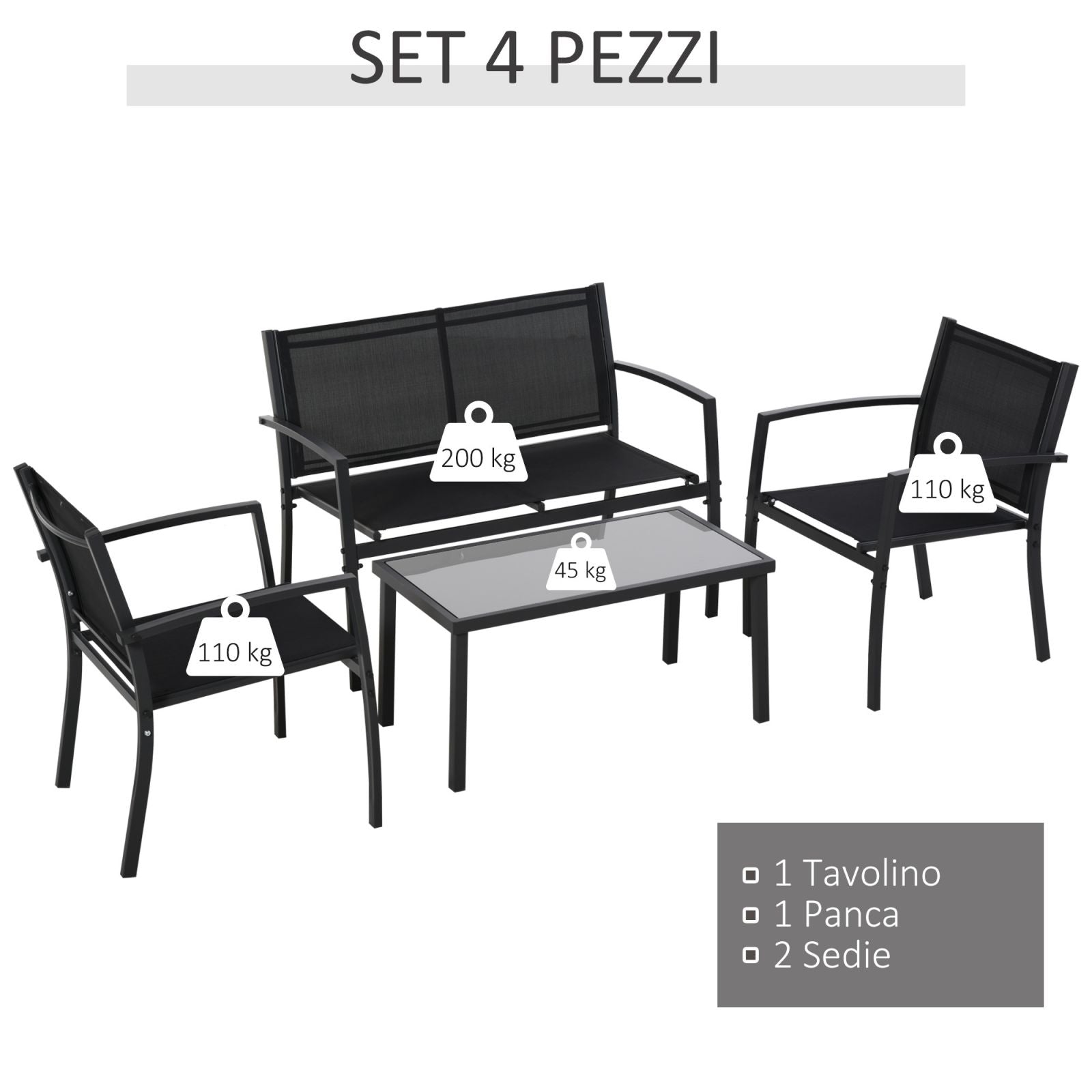 EASYCOMFORT Outdoor Lounge, 4-piece Set with 1 Coffee Table, 2 Garden Chairs and 1 Metal Bench, Black