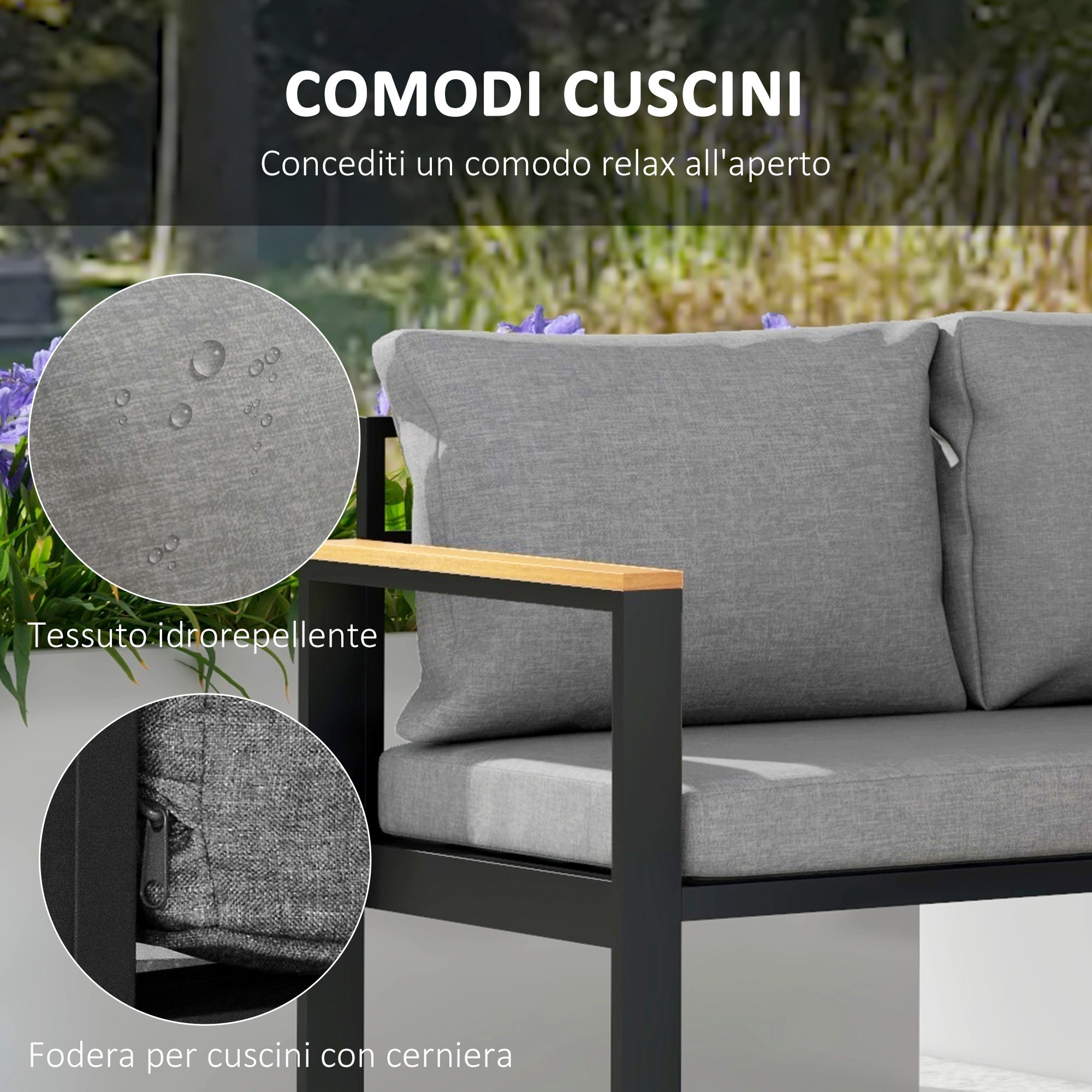 EasyComfort Tuinset 4-delig: 2-zitsbank, 2 fauteuils en salontafel, aluminium, grijs