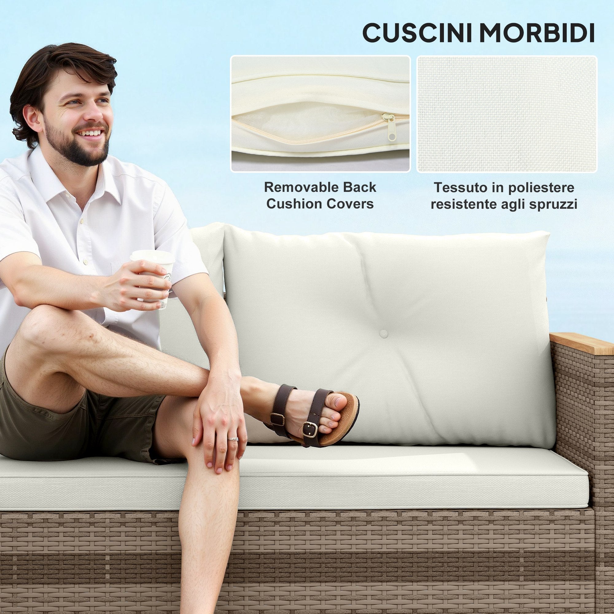 EasyComfort Tuinlounge rattan PE 2-zits + chaise longue + salontafel crème
