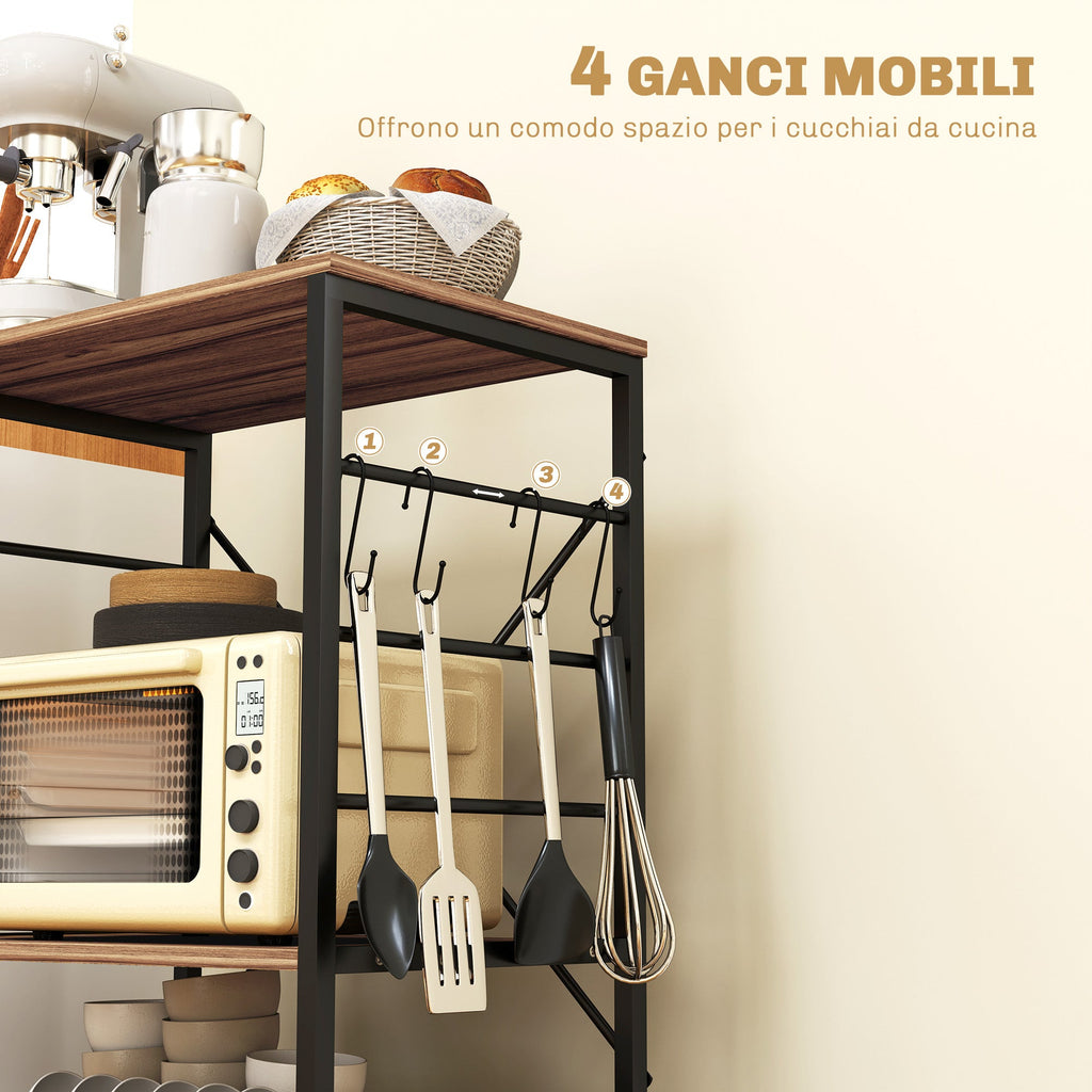 EasyComfort Scaffale da Cucina a 3 Livelli with Ruote e 4 Ganci, Industriale e Struttura in Acciaio,Telaio del carrellino, 60x40x84cm, Teak