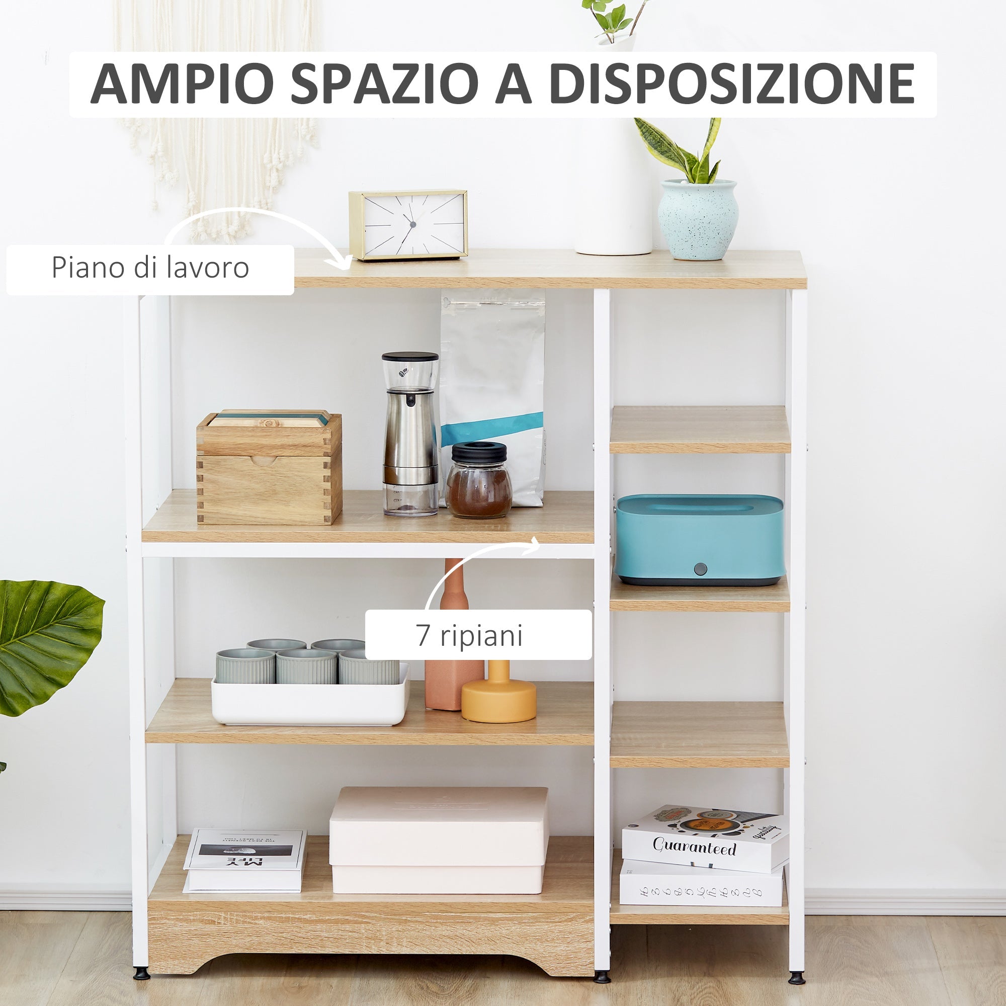 Easycomfort Scaffale da Cucina Basso Salvaspazio Stile Industriale, Mobiletto with 7 Ripiani per Cucina in Metallo e Legno, 90x40x95cm, white