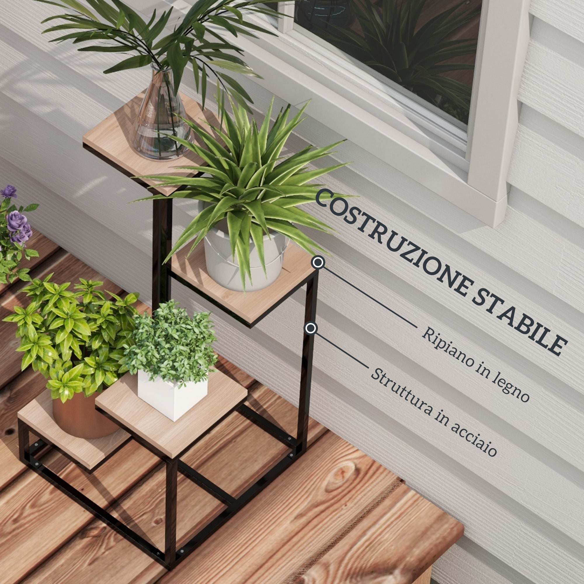 EasyComfort 4-laags plantenrek staal/hout 40x40x75.5 cm