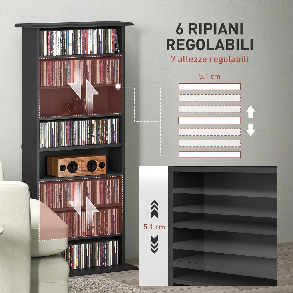 EasyComfort Mobile CD-kast, 6 verstelbare planken, 360 CD / 185 DVD, 58x24x124.5 cm, zwart