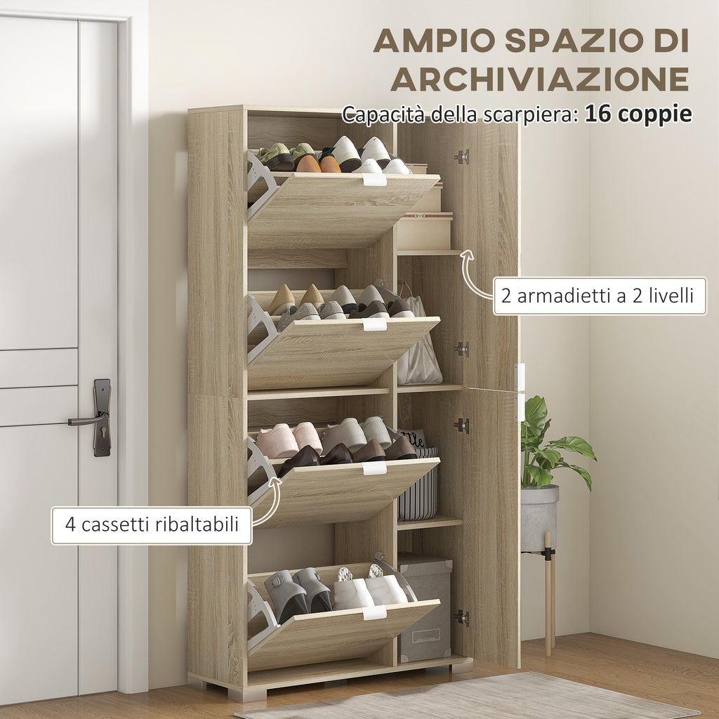EasyComfort Scarpiera with Specchio per 16 Paia di Scarpe, 4 Cassetti a Ribalta e 2 Armadietti, 82x30x168cm, Rovere