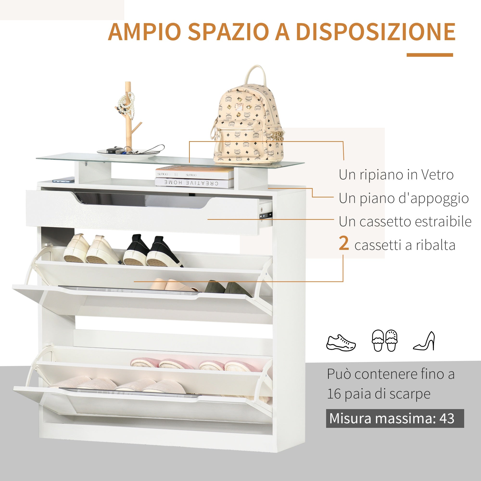 Easycomfort Scarpiera Moderna with 2 Cassetti per 16 Scarpe, Scarpiera a Ribalta with Mensola Regolabile e Ripiano in Vetro, 89x23x96cm, white Lucido