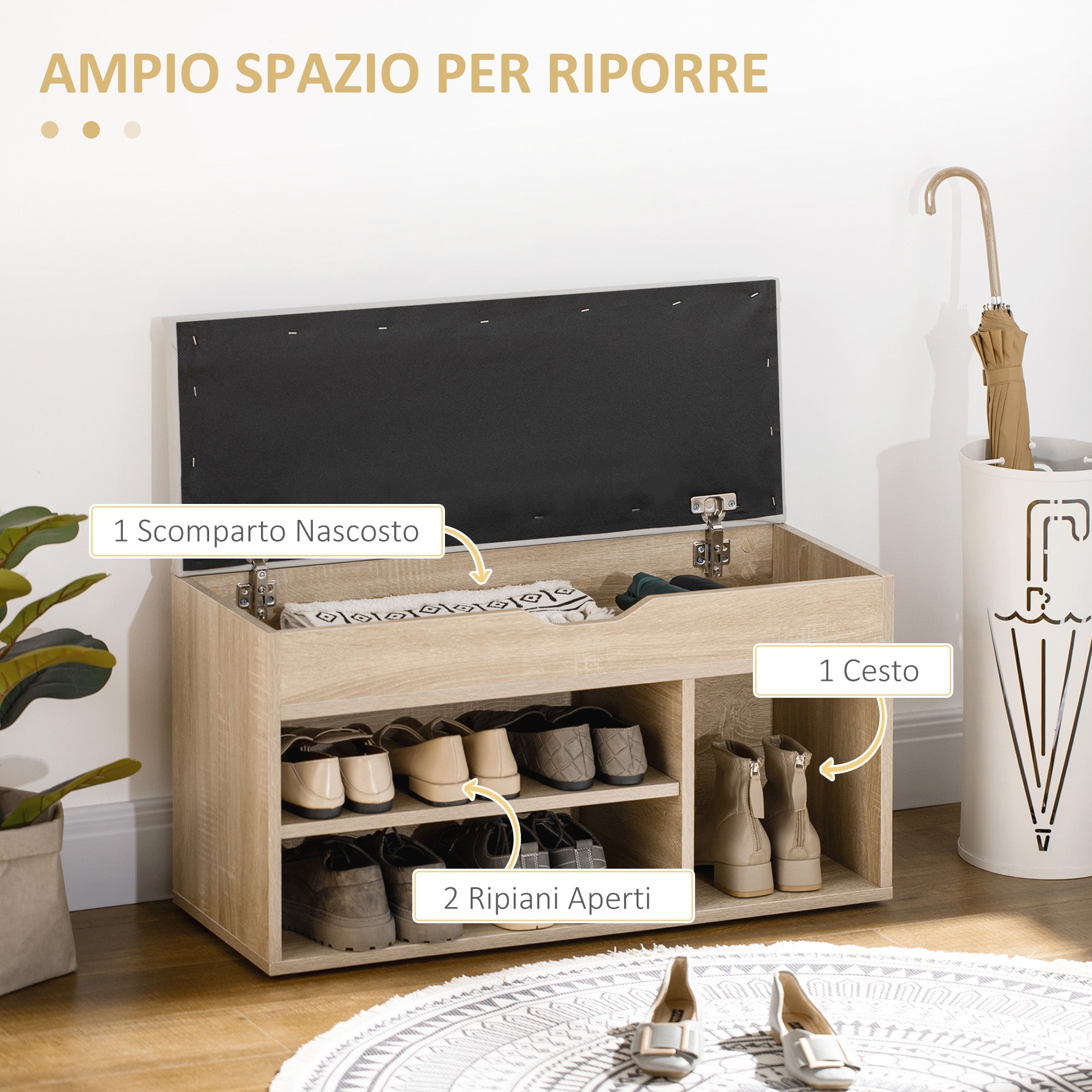 EasyComfort Armadio scarpiera Salvaspazio with 2 Ripiani Aperti e Spazio a Scomparsa, Scarpiera moderna with comodo cuscino, in Legno e PU| Aosom Italy