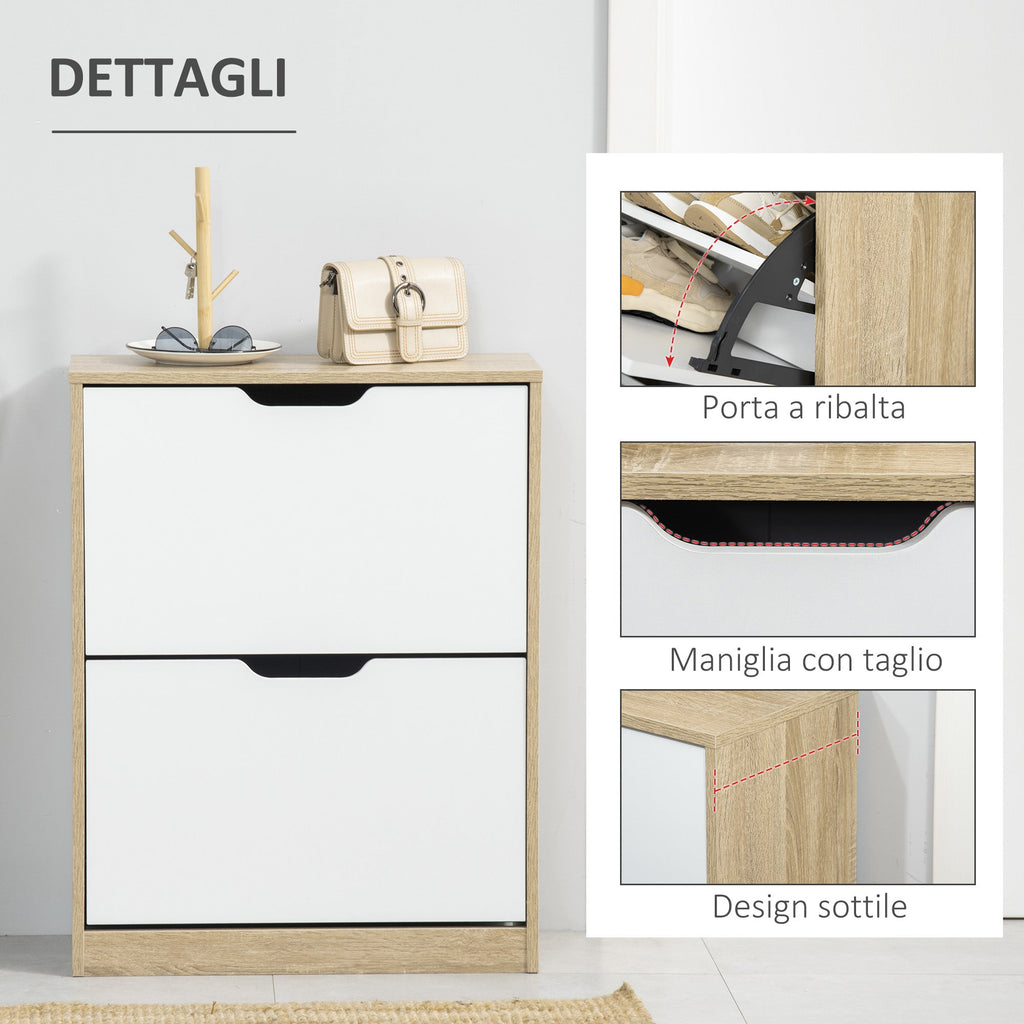 EasyComfort Scarpiera Salvaspazio Slim a 2 Cassetti per 8 Paia di Scarpe 62.5x26x81 cm, Legno e white