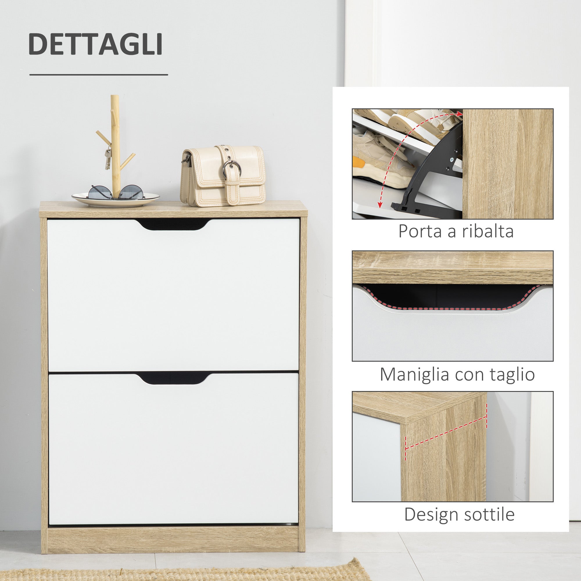 EasyComfort Scarpiera Salvaspazio Slim a 2 Cassetti per 8 Paia di Scarpe 62.5x26x81 cm, Legno e white