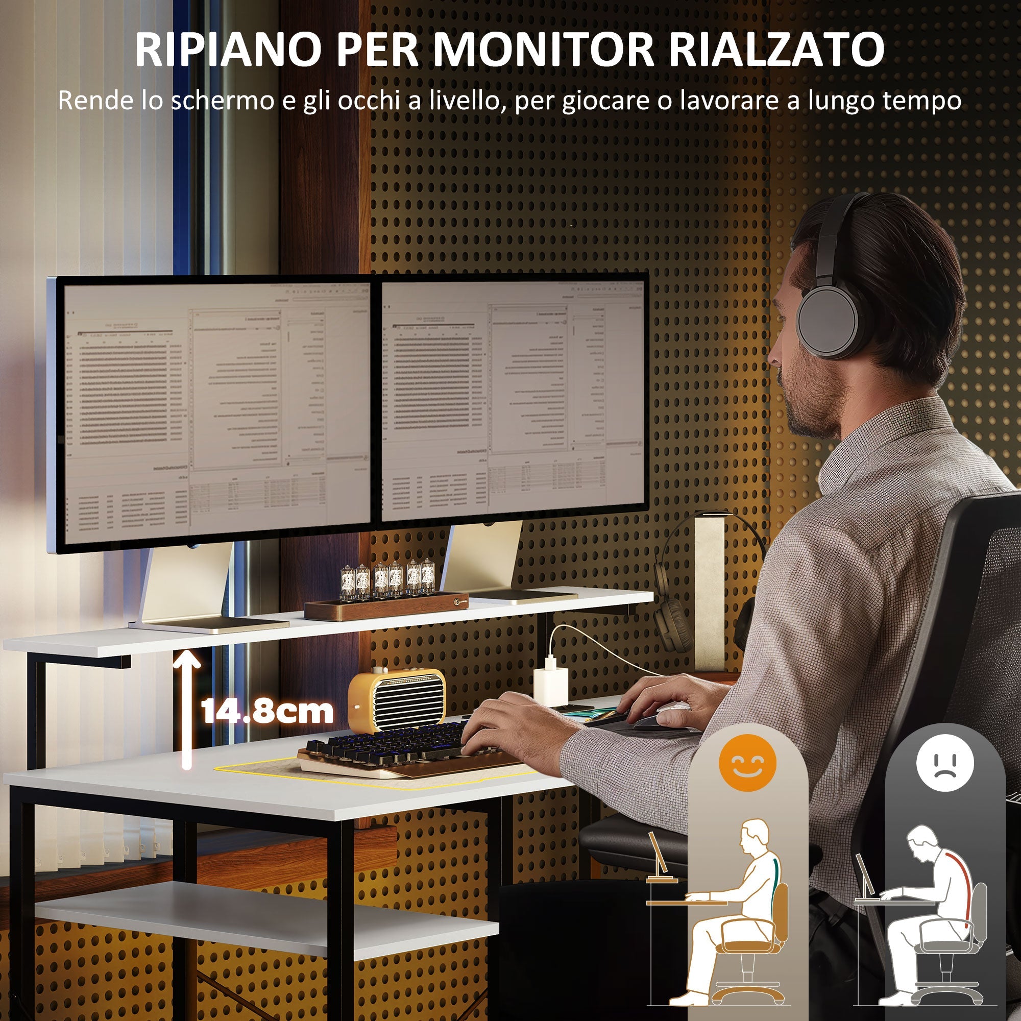 EasyComfort hoekbureau met stroom- en USB-aansluiting, monitorsteun, wit/zwart