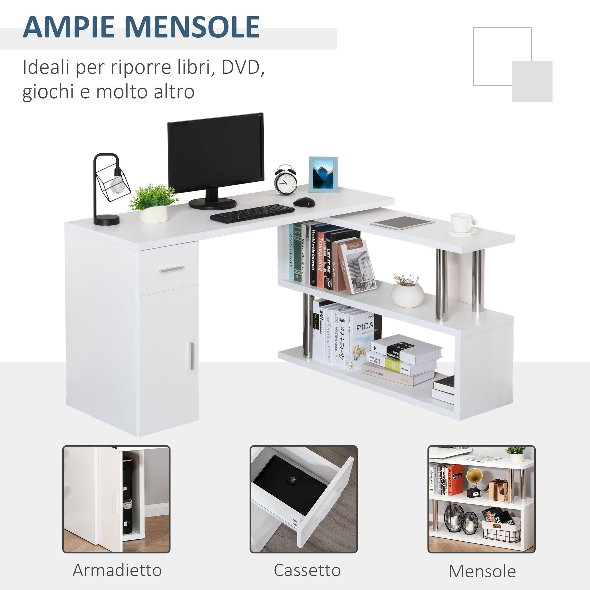 EasyComfort Scrivania Angolare Moderna in Legno with Cassetto, Armadietto e Mensole, Arredamento per Ufficio e Casa, white