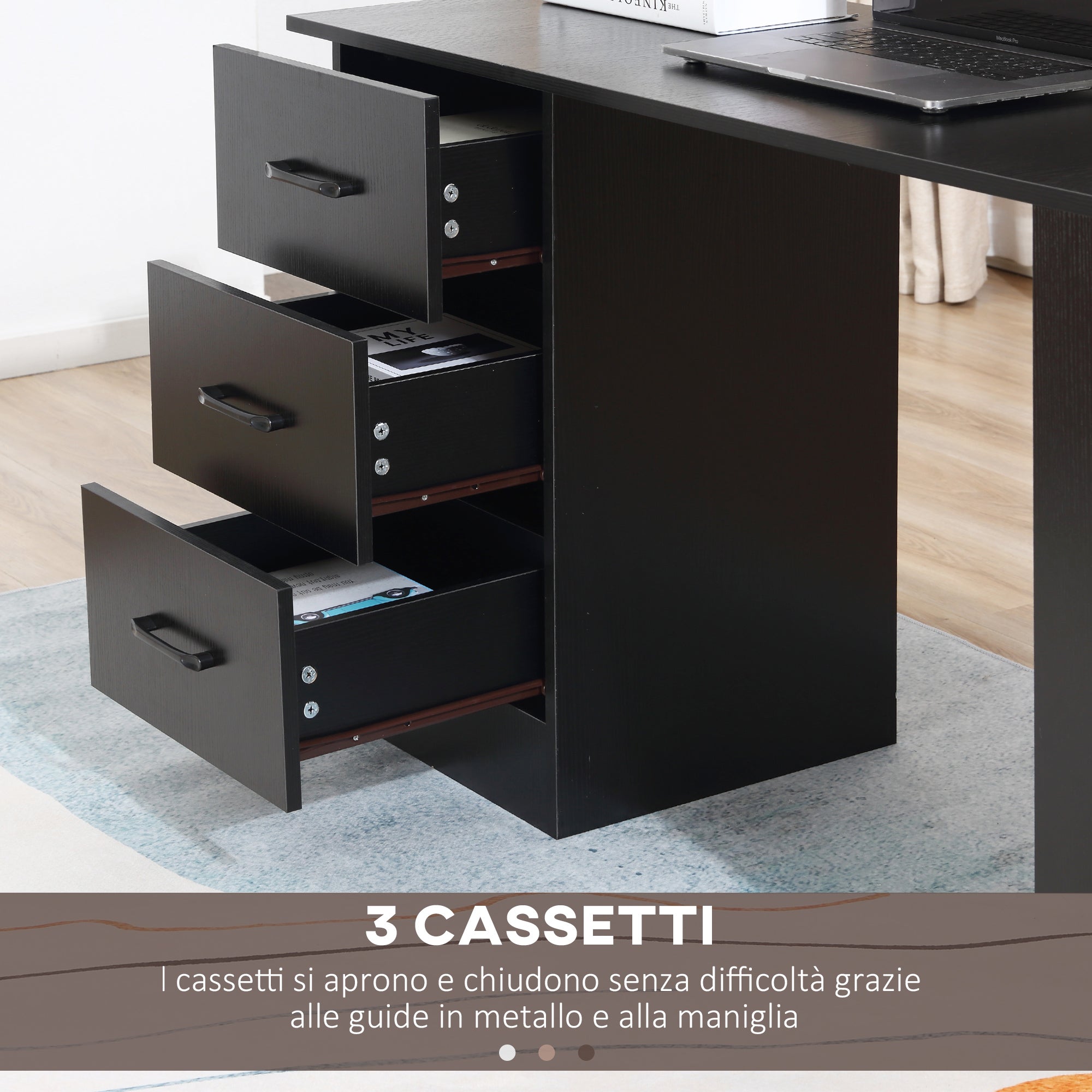 EasyComfort bureau 120x49x72 cm met 3 laden & 3 planken, zwart