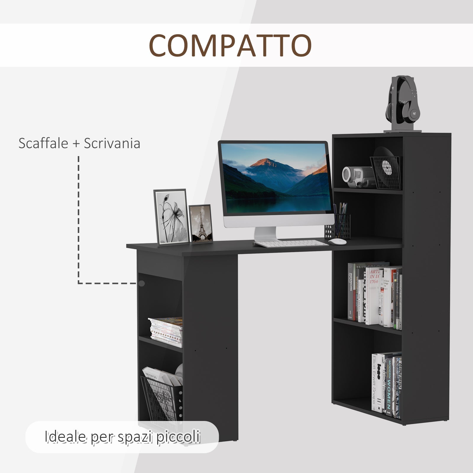 EasyComfort PC-bureau 120x55x120 cm, 6 planken, zwart