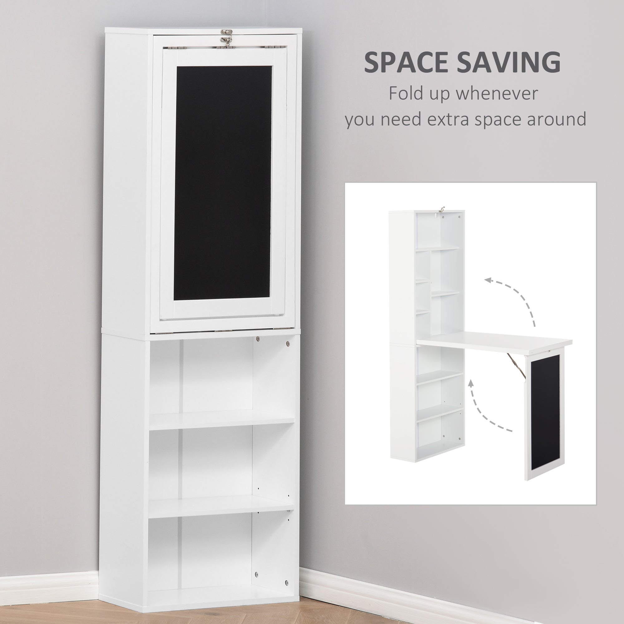 Easycomfort Scrivania PC Pieghevole with Libreria a 9 Ripiani in Legno e Metallo, 98x51x153 cm, white