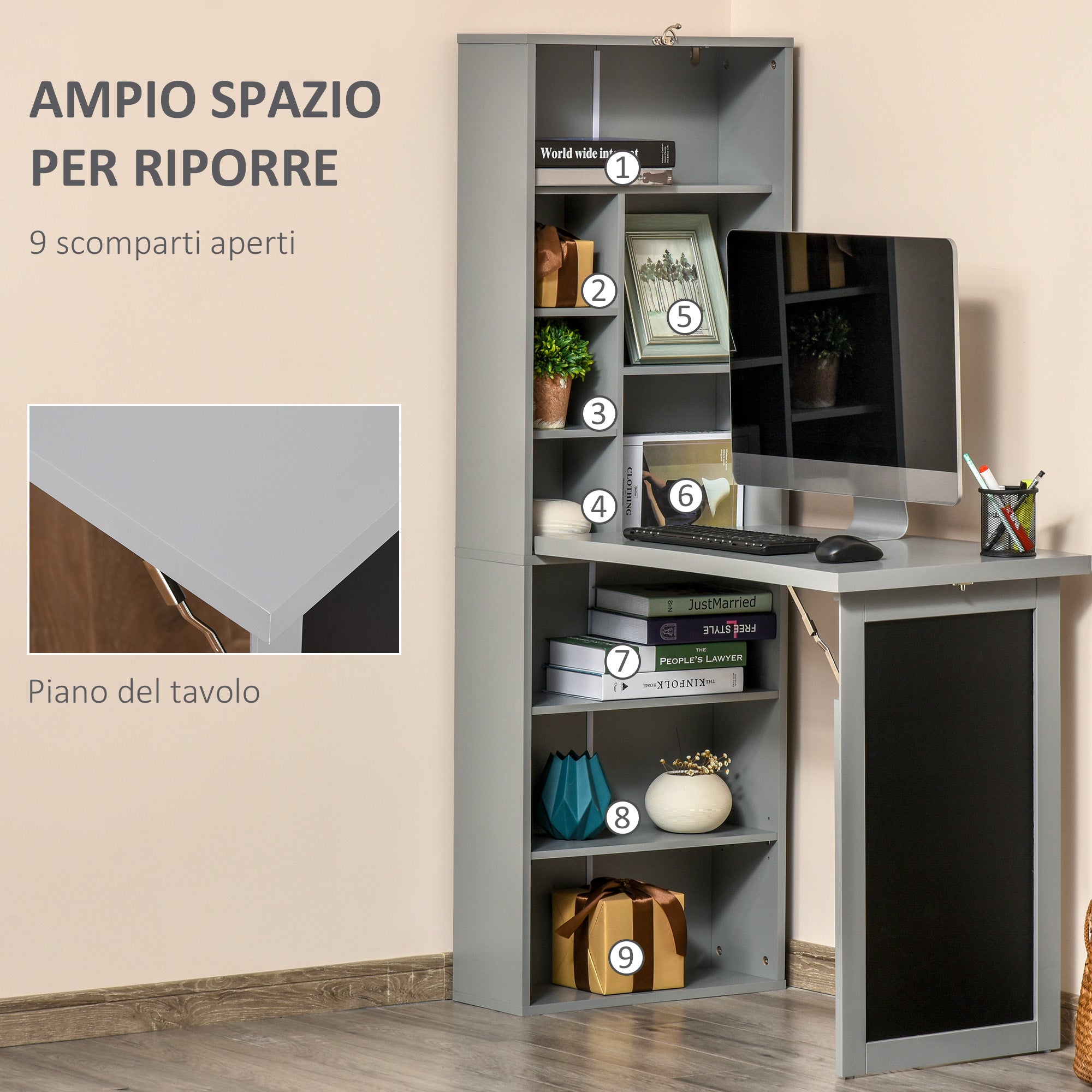 EasyComfort opvouwbaar bureau met 9-planken boekenrek, 98x51x153 cm