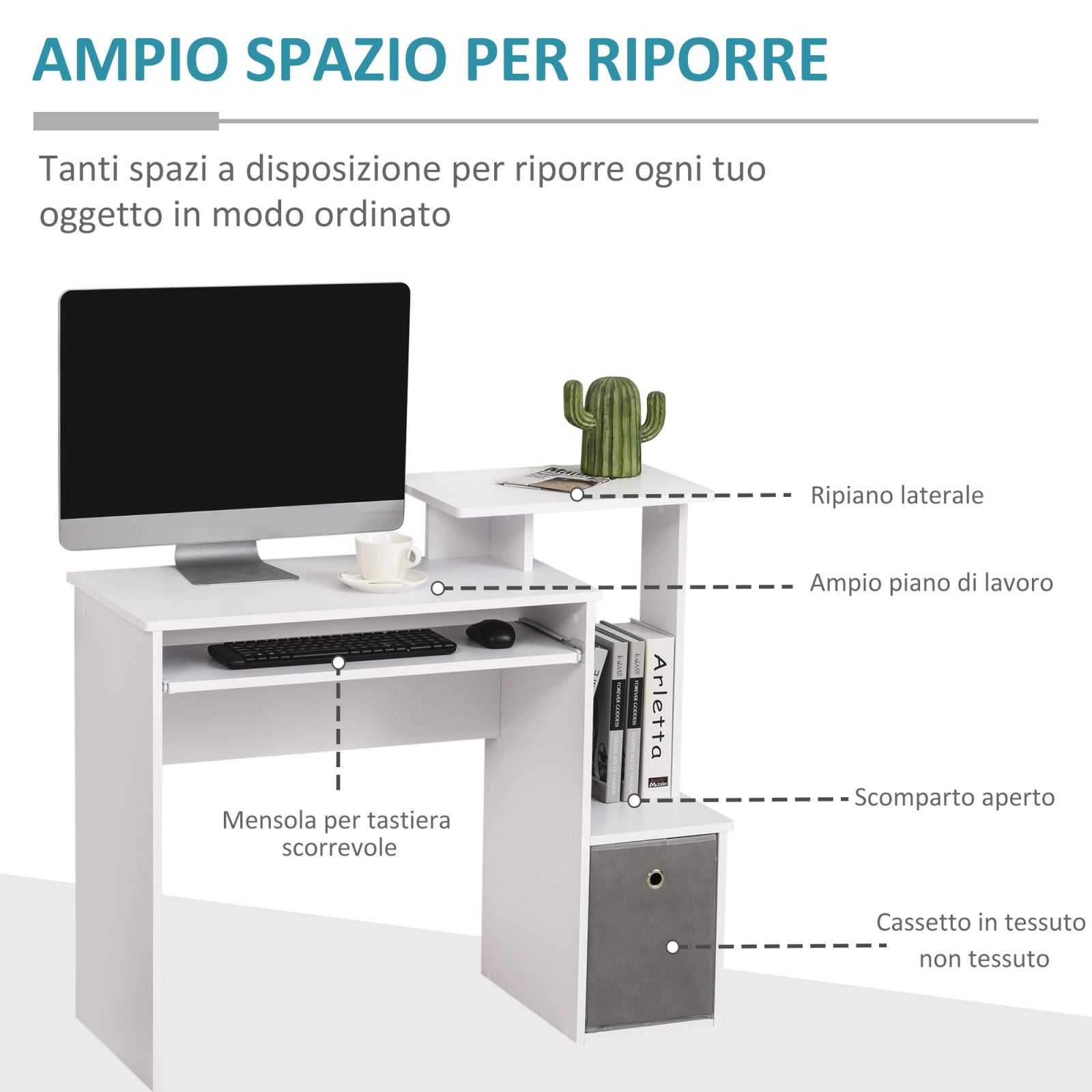 Easycomfort Scrivania Moderna per PC with Mensola Porta Tastiera, Ripiano e Cassetto in Tessuto, in Legno, 100x40x86.6cm, white