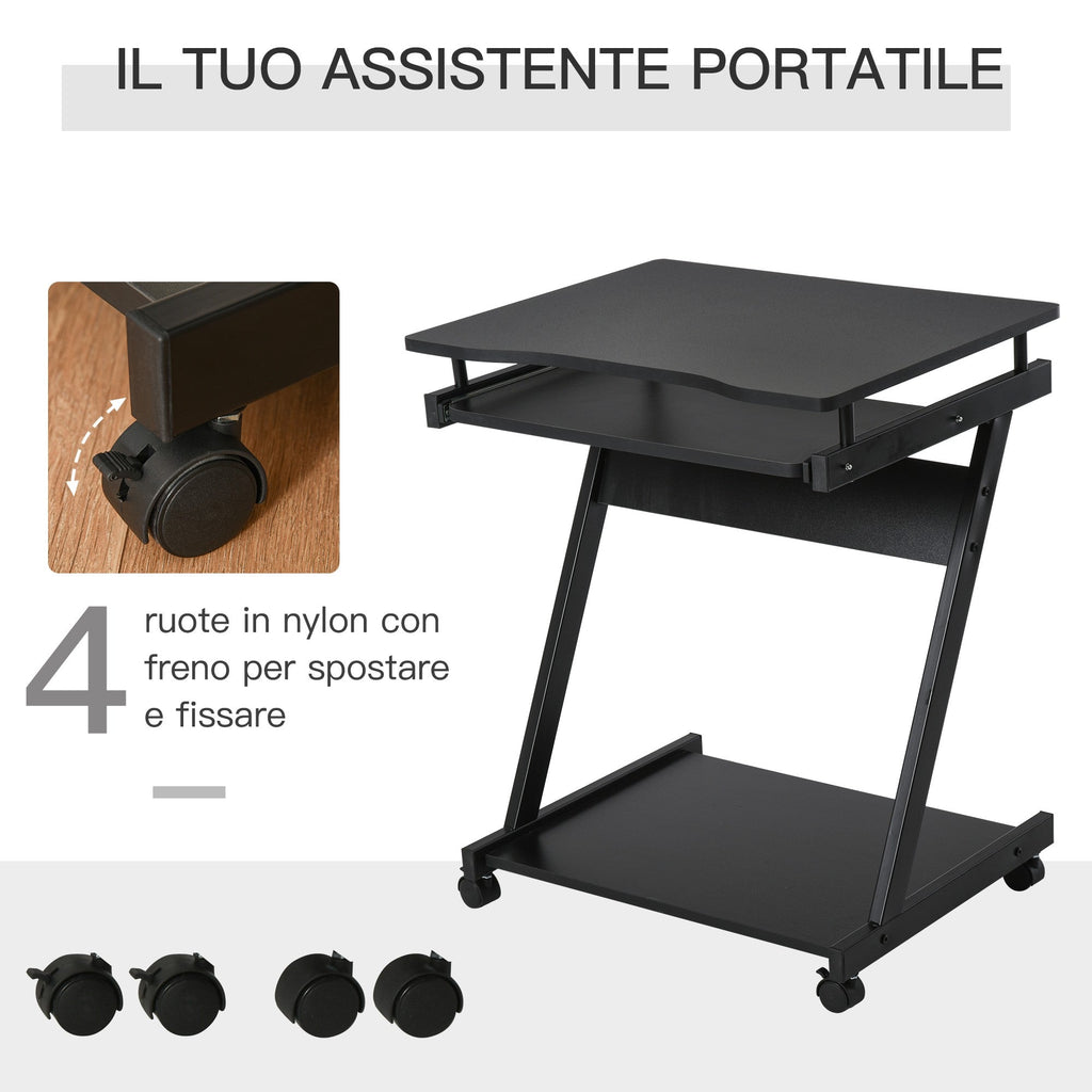 Easycomfort Scrivania per Computer Porta PC Classico e Salvaspazio, Scrivania per cameretta with Piano Tastiera a Scomparsa, 4 Ruote e Ripiano Inferiore black 60x48x73cm