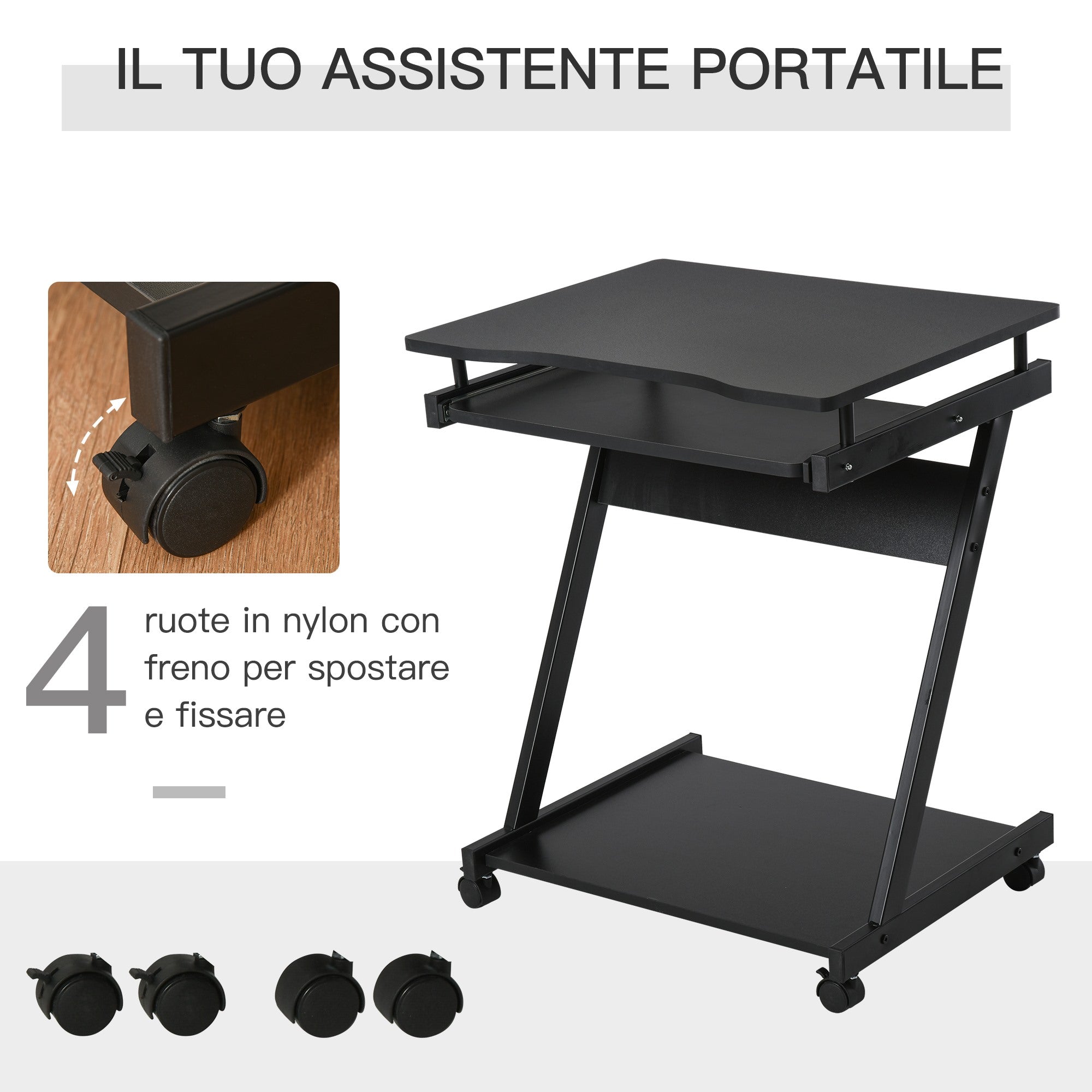 Easycomfort Scrivania per Computer Porta PC Classico e Salvaspazio, Scrivania per cameretta with Piano Tastiera a Scomparsa, 4 Ruote e Ripiano Inferiore black 60x48x73cm