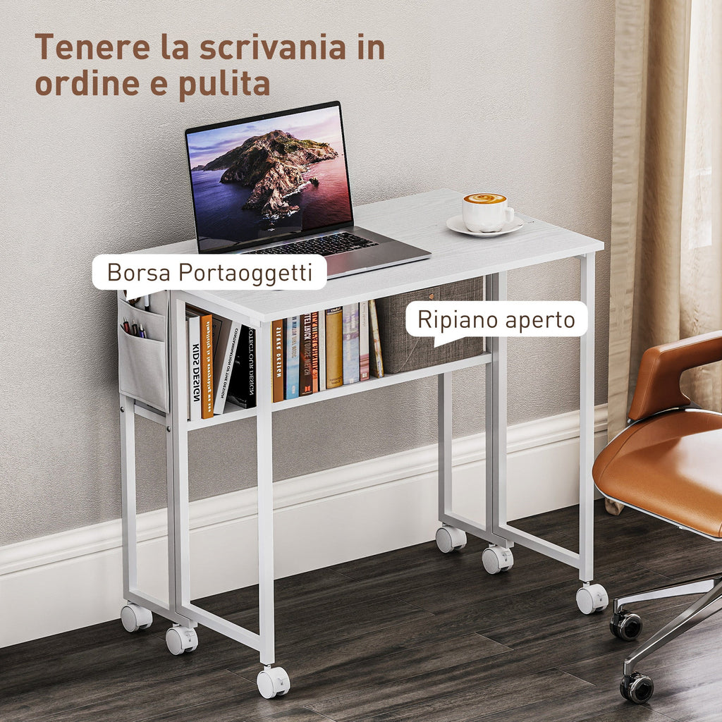 EasyComfort inklapbaar bureau met plank, zijvak en 6 wielen, wit