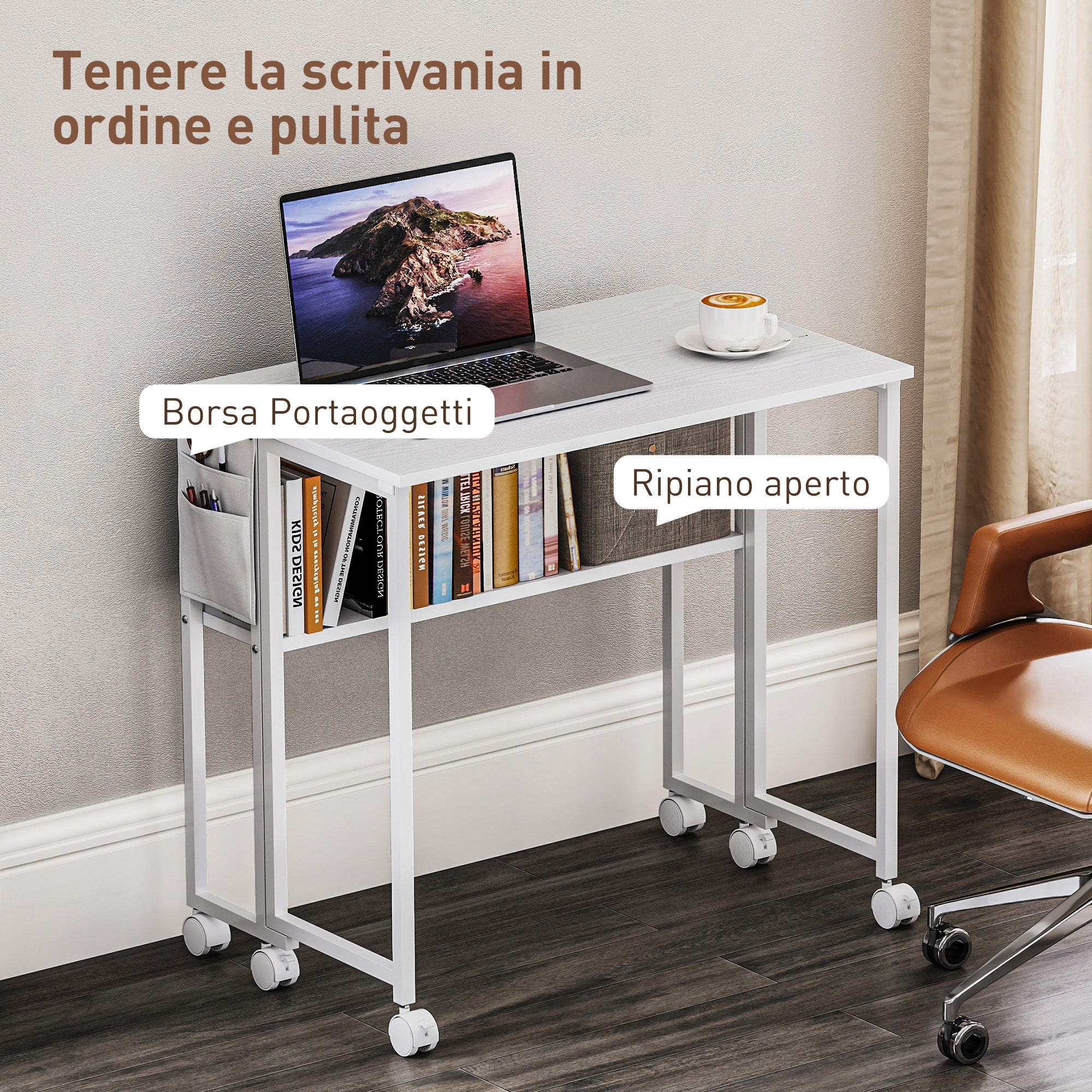 EasyComfort inklapbaar bureau met plank, zijvak en 6 wielen, wit