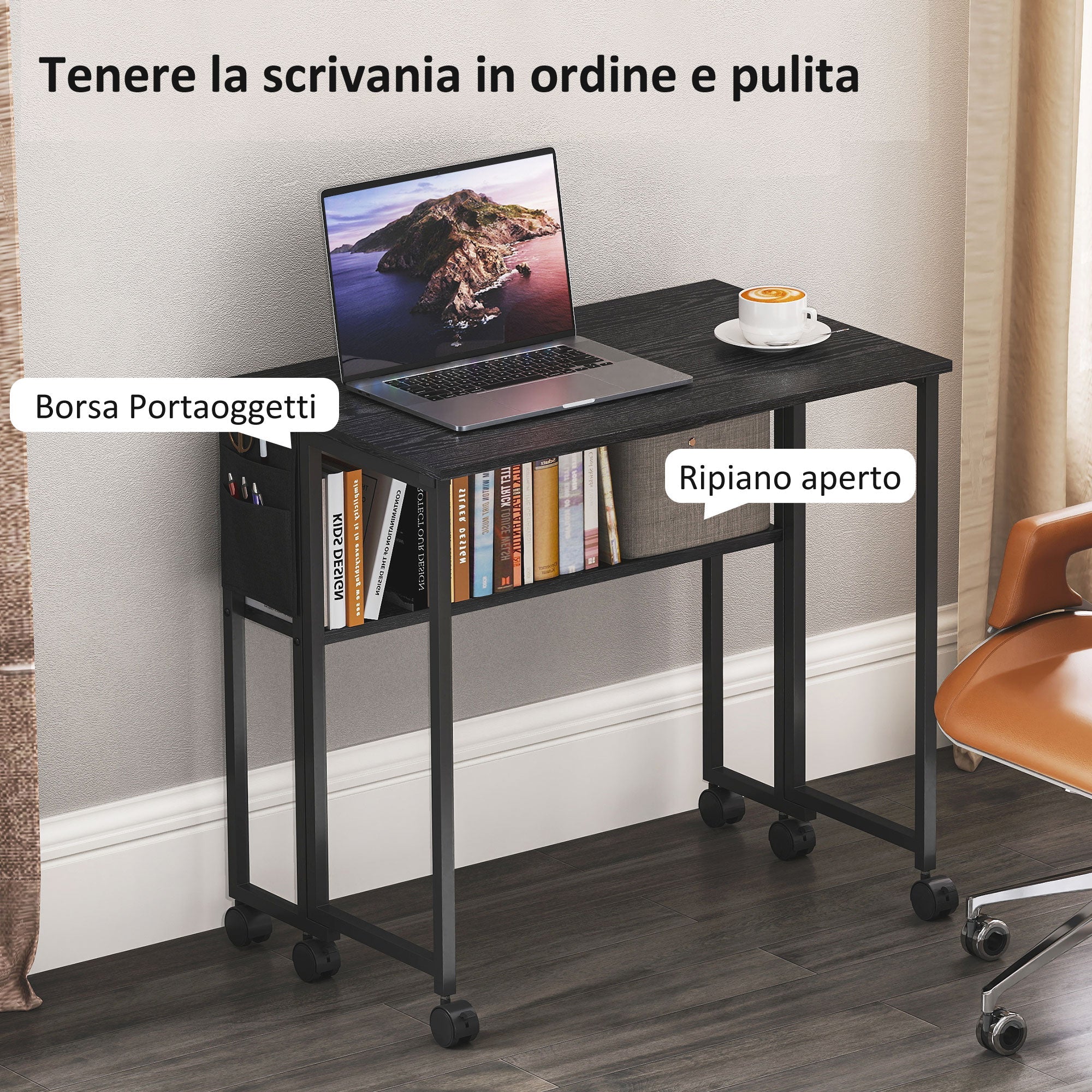 EasyComfort opvouwbaar bureau met schap en wielen 80x50 cm zwart