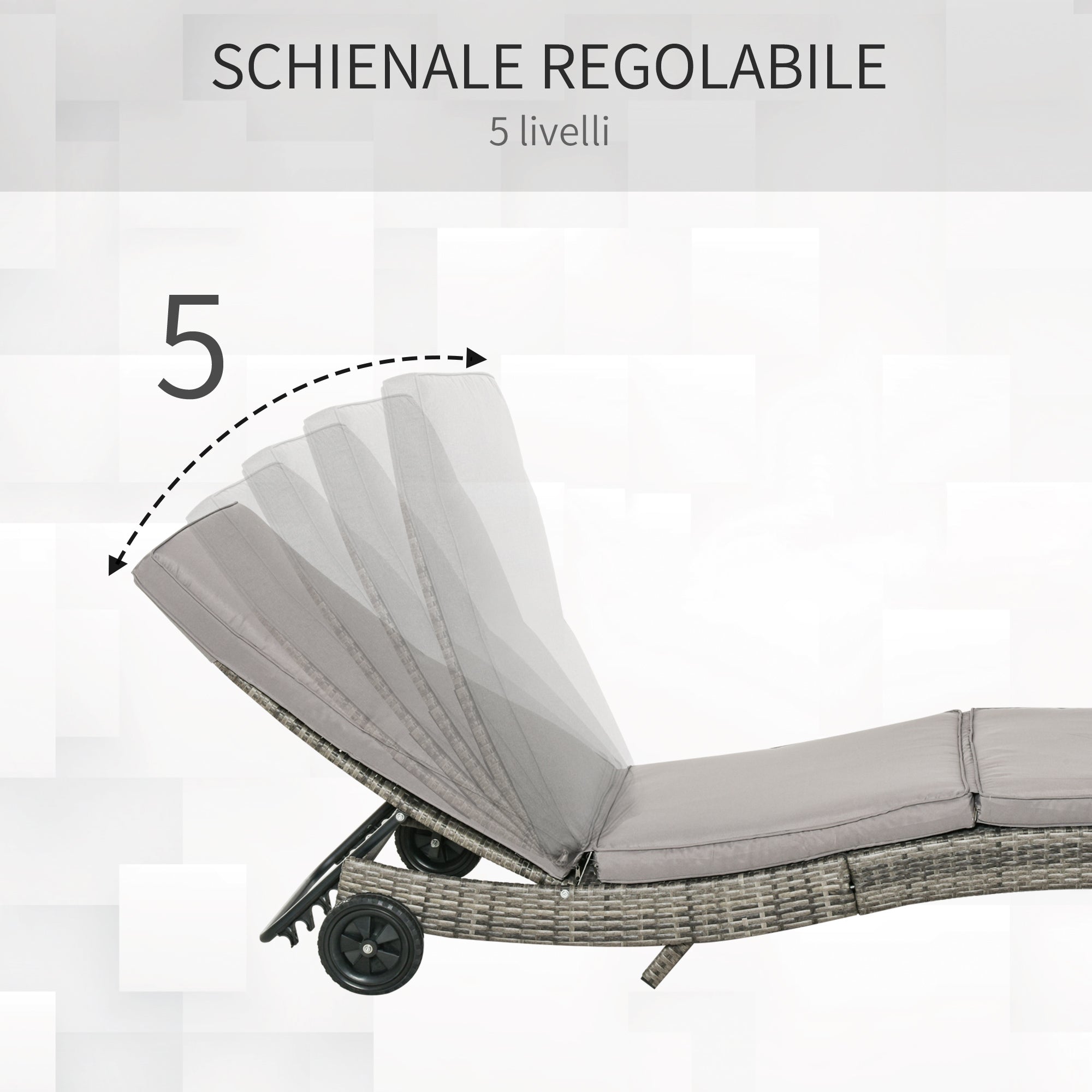 EasyComfort Sdraio da Giardino in Rattan PE con Schienale Regolabile e Cuscino, 207x70x70cm, Grigio