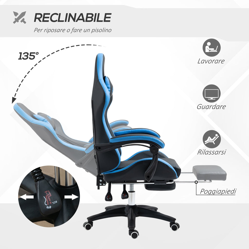 EasyComfort gamingstoel met voetsteun – 65x65x121-129 cm, blauw/zwart