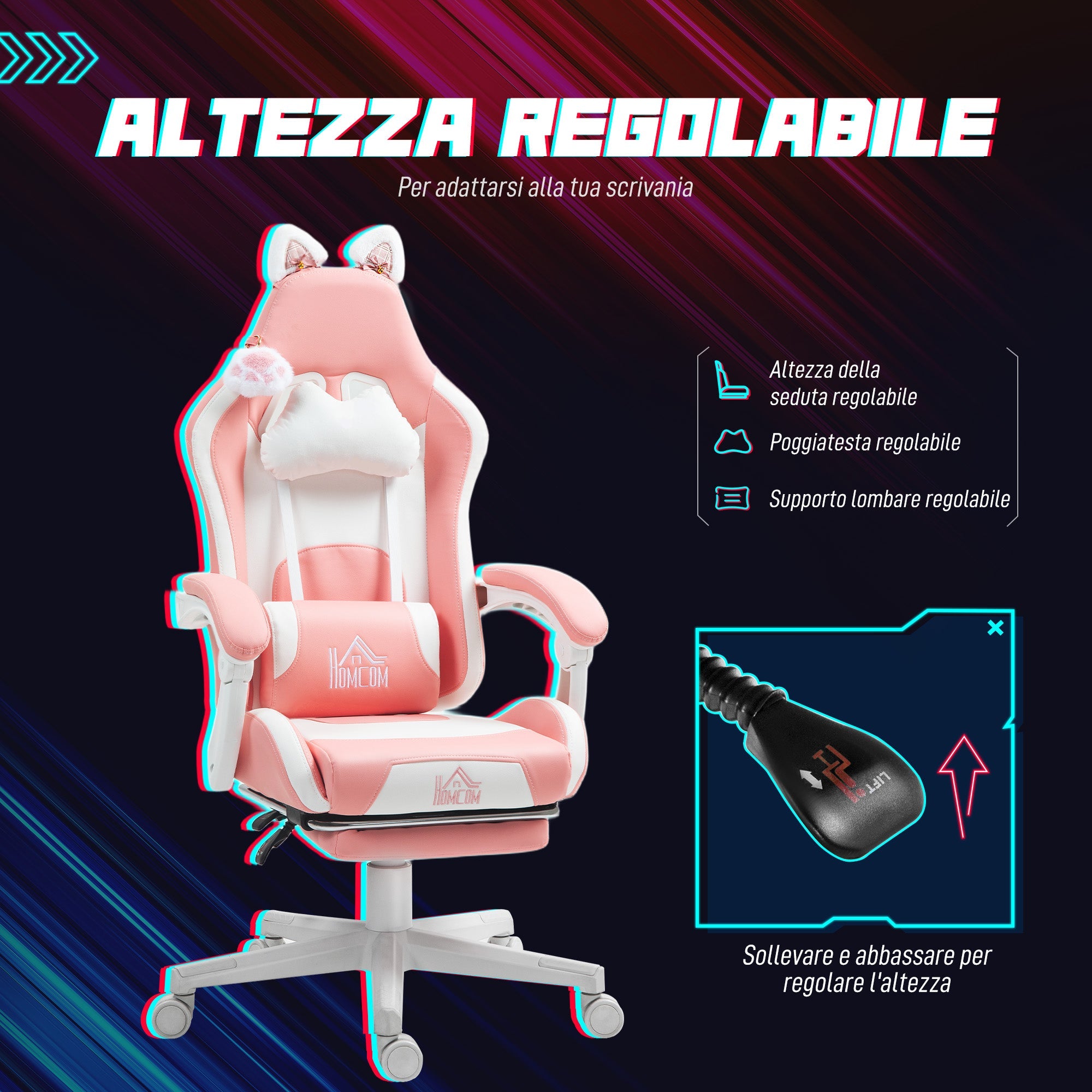 EasyComfort Gamingstoel ergonomisch met kattenoren en voetensteun, roze