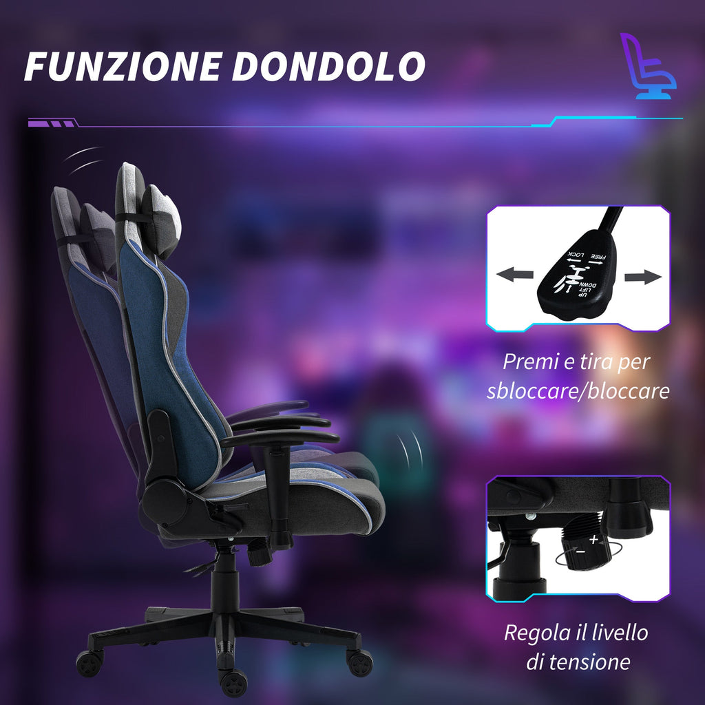 EasyComfort Sedia da Gaming Reclinabile a 150° con Funzione Dondolo, in Tessuto Effetto Lino, 66x53x128-138 cm, Grigio
