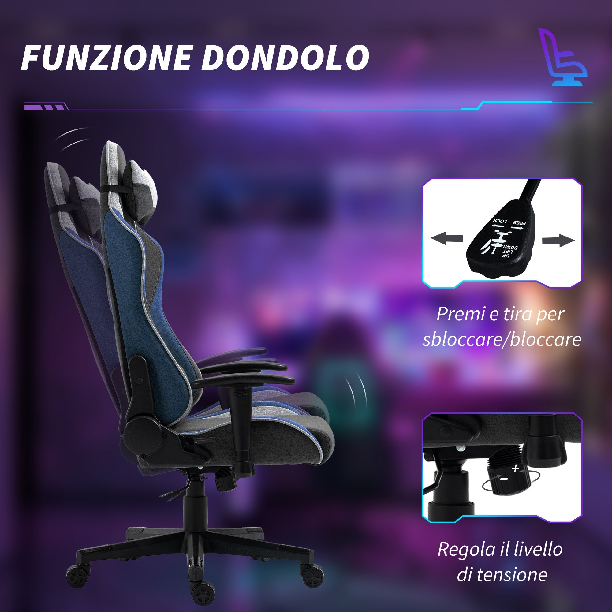 EasyComfort Sedia da Gaming Reclinabile a 150° con Funzione Dondolo, in Tessuto Effetto Lino, 66x53x128-138 cm, Grigio