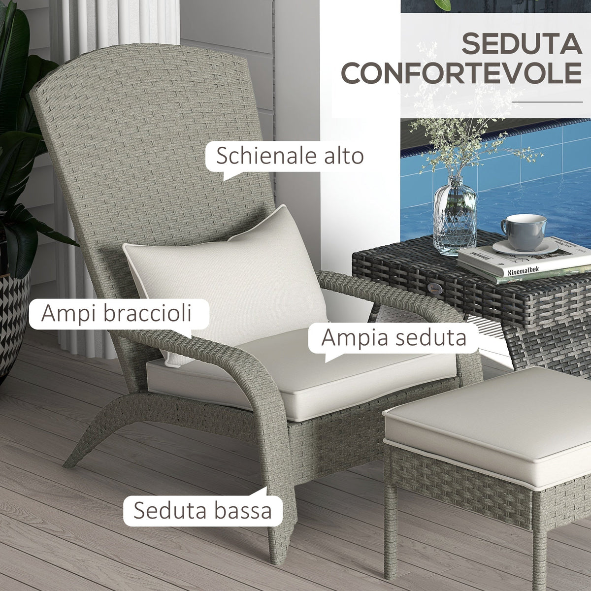 EasyComfort Sedia da Giardino tuinstoel met voetenbank, 64x82x89 cm