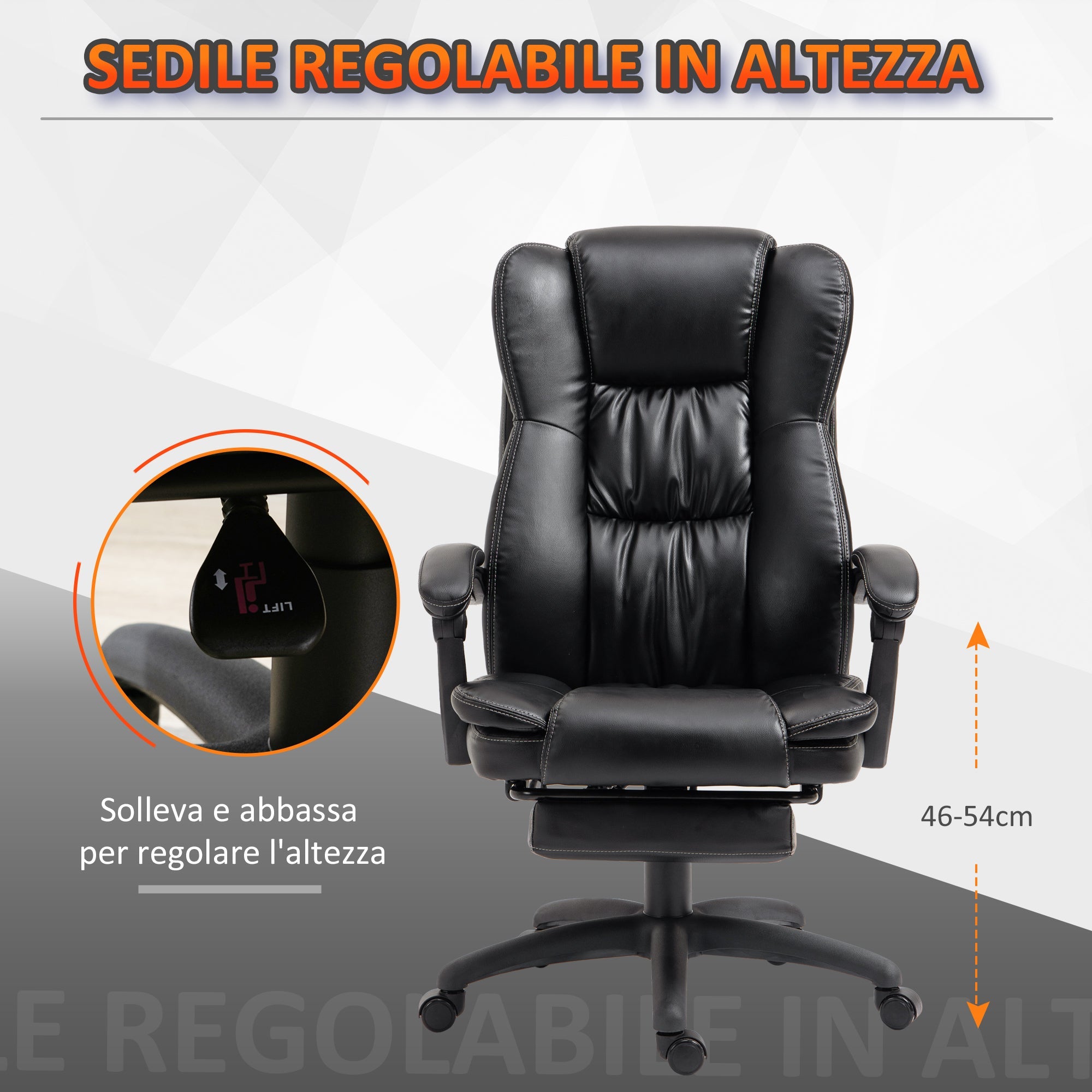 EasyComfort Sedia da Ufficio ad Altezza Regolabile con 6 Punti Massaggianti, in Finta Pelle, 68.5x68.5x113-121 cm, Nera