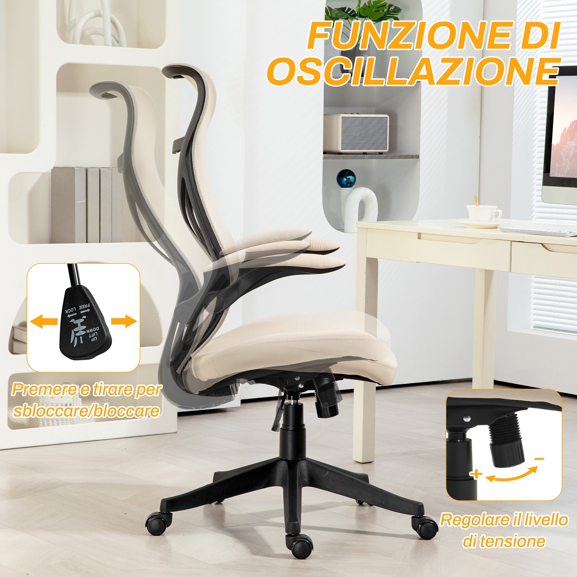 EasyComfort Bureaustoel met Inklapbare Armleuningen, Verstelbare Hoogte, Beige