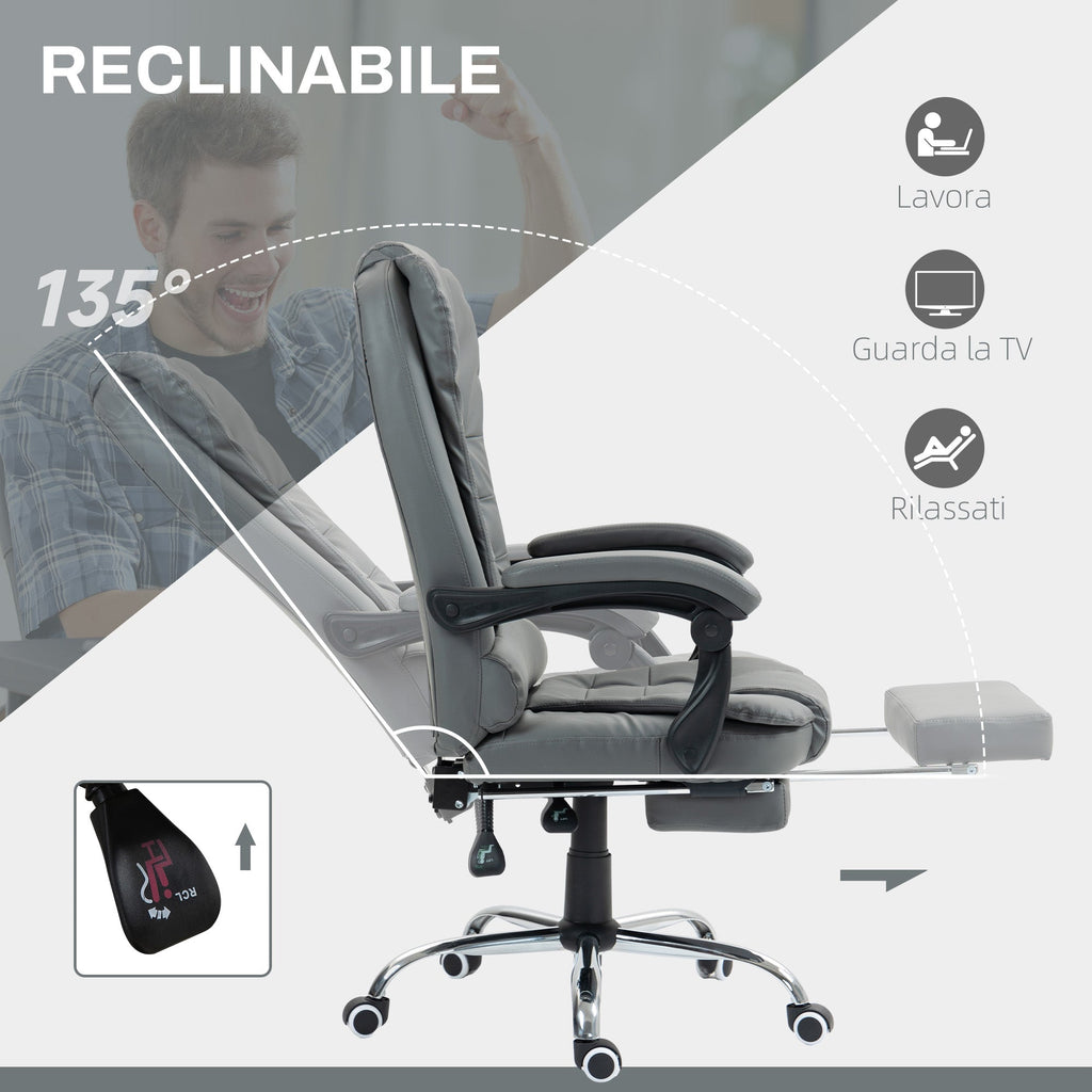 EasyComfort Sedia da Ufficio Ergonomica Reclinabile a 145° con Poggiapiedi Estraibile in Finta Pelle, Grigio