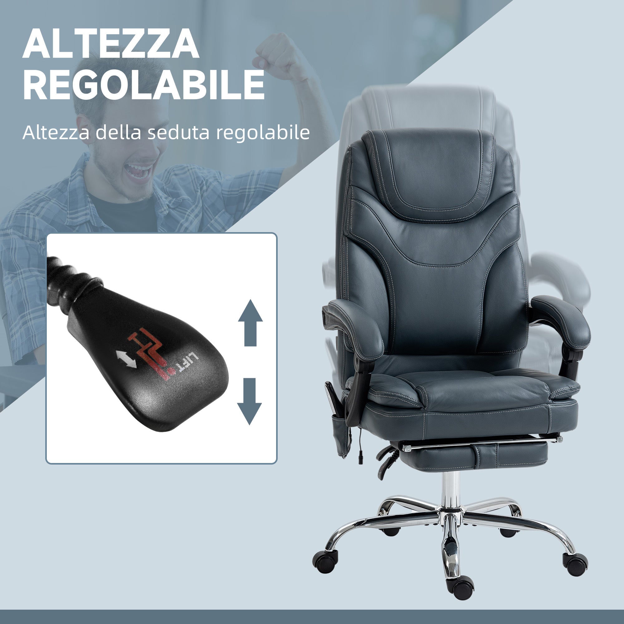 EasyComfort Sedia da Ufficio Massaggiante e Riscaldante with Poggiapiedi, in Pelle PU e Acciaio, 67x67x113-121 cm, Grigio