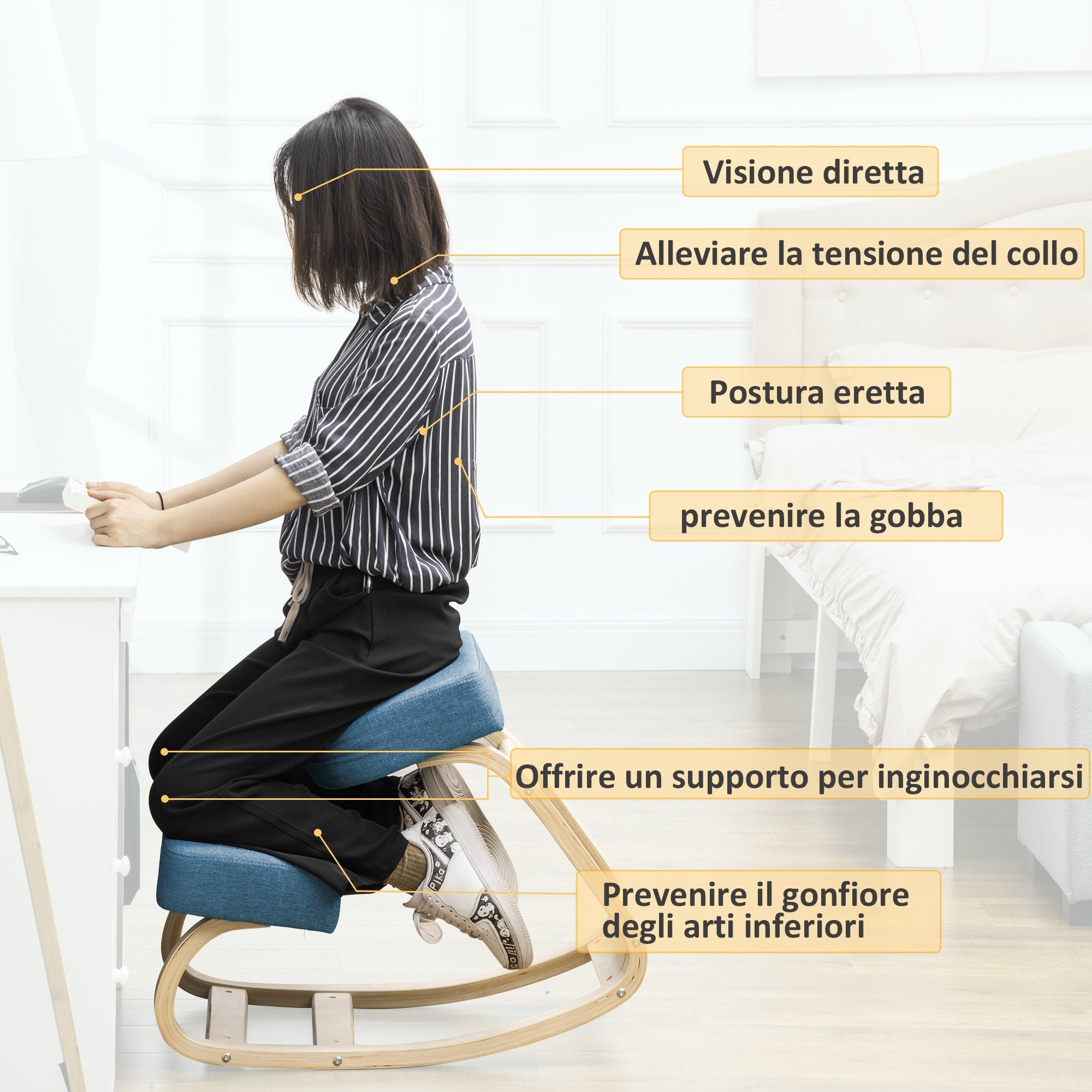 EasyComfort Sedia Ergonomica knielstoel – berkenhout, 51x69x58 cm, blauw