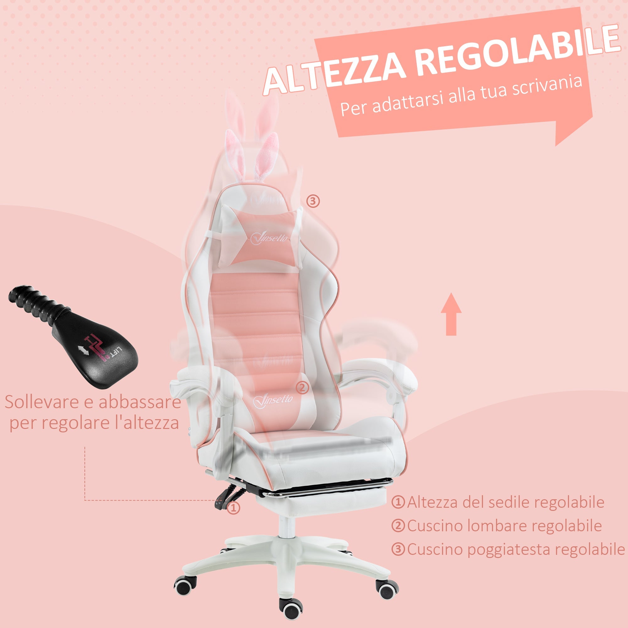 EasyComfort Sedia Gaming Ergonomica with Orecchie, Poggiapiedi Estraibile, Cuscino Lombare e Poggiatesta, Rosa