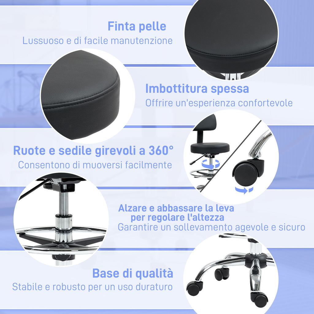 EasyComfort Sedia Girevole ad Altezza Regolabile con Poggiapiedi, in Acciaio, Finta Pelle e Gommapiuma, 52x52x78-92 cm, Nero
