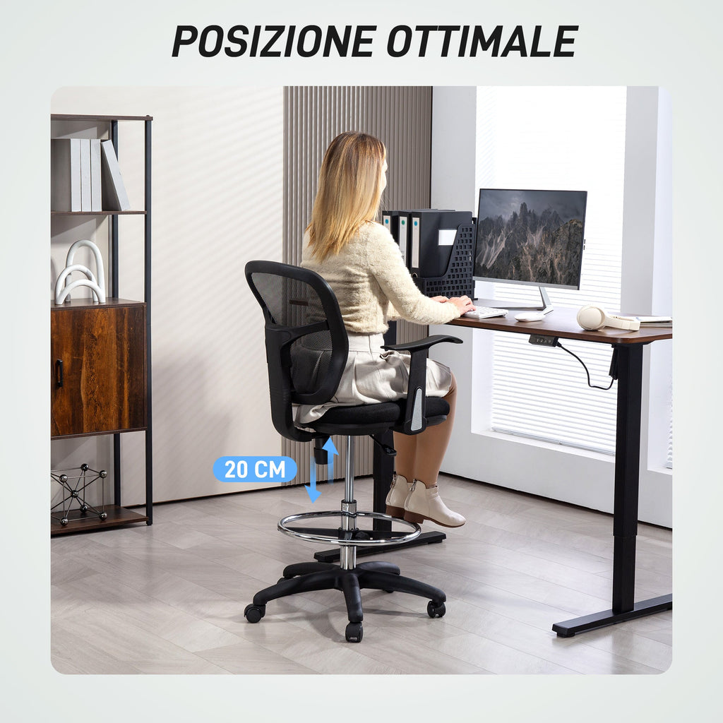 EasyComfort Sedia Girevole con Anello Poggiapiedi e Schienale Ricurvo, in Poliestere, Schiuma e Plastica, 55x58x94 cm, Nero