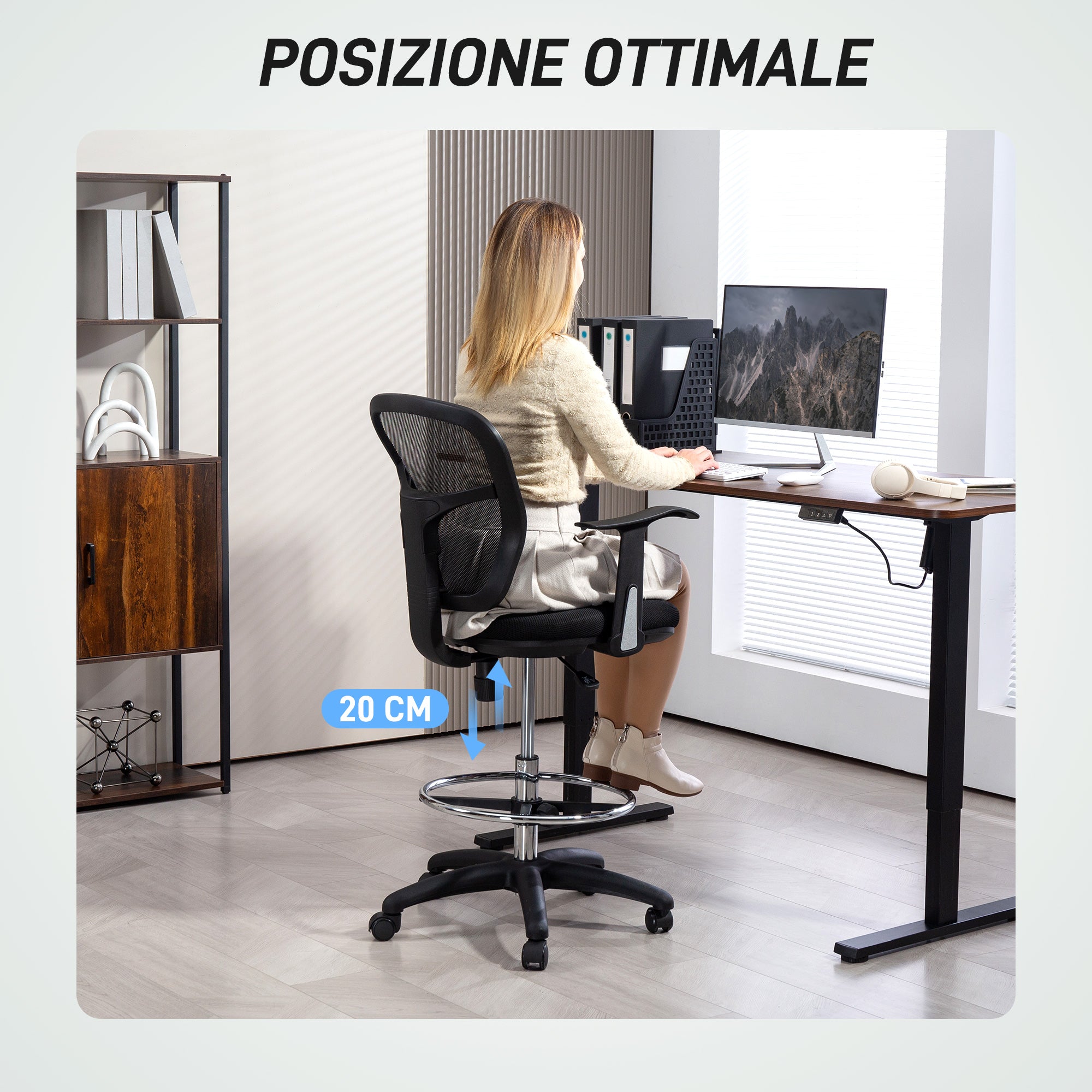 EasyComfort Sedia Girevole con Anello Poggiapiedi e Schienale Ricurvo, in Poliestere, Schiuma e Plastica, 55x58x94 cm, Nero