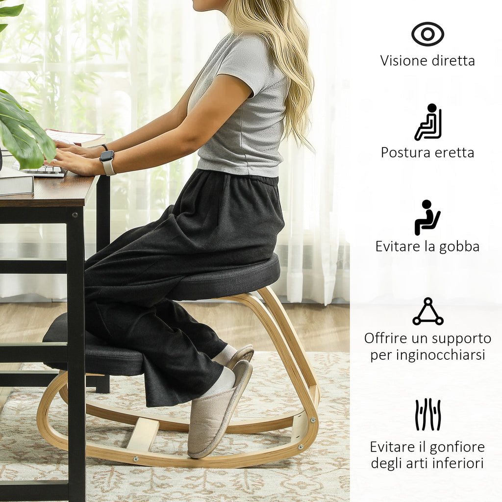 EasyComfort Sedia Inginocchiatoio knielstoel met schommelfunctie, linnenlook, berkenhout, 50x73x55 cm, zwart